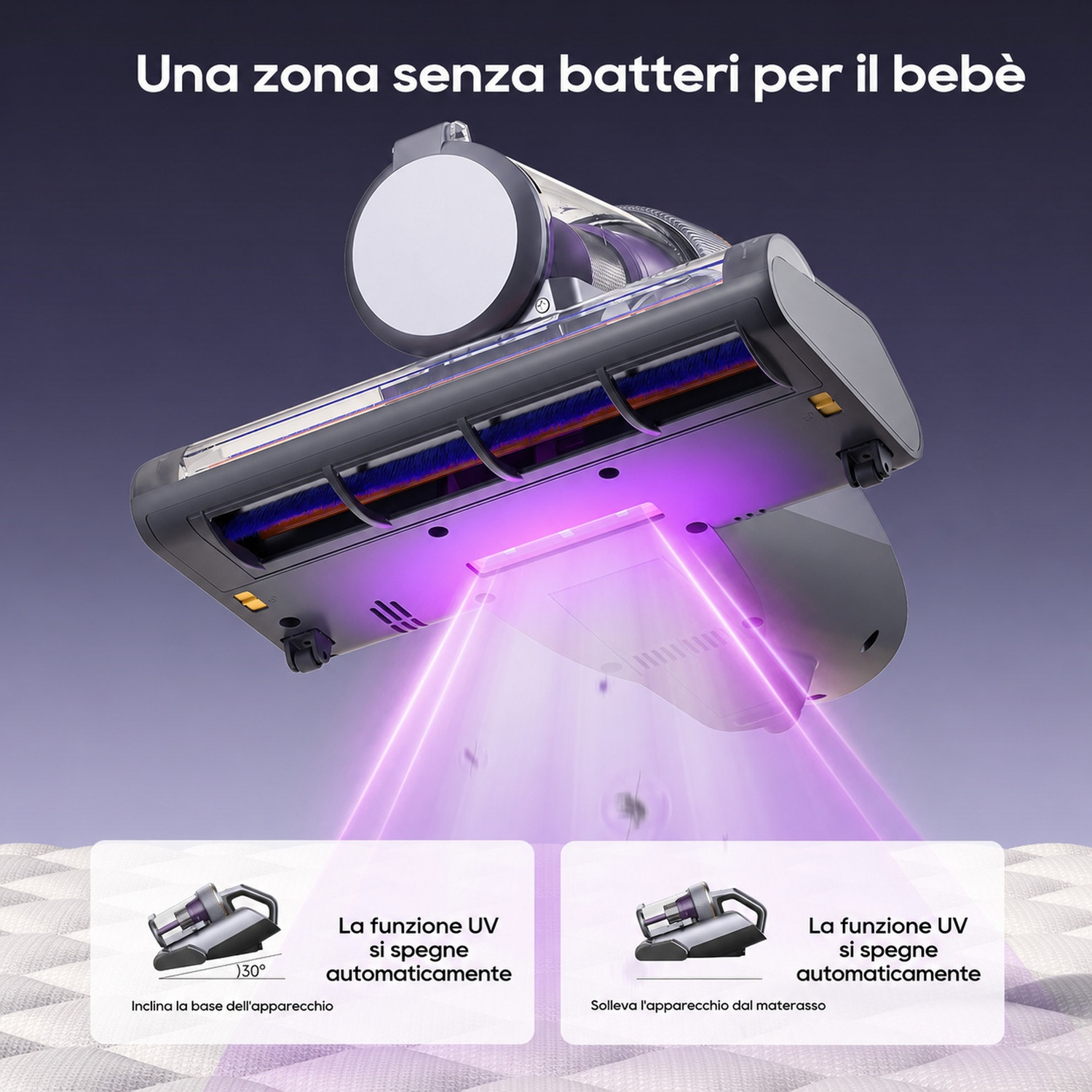 Aspirapolvere con luce UV per rimuovere polvere e acari dal letto.