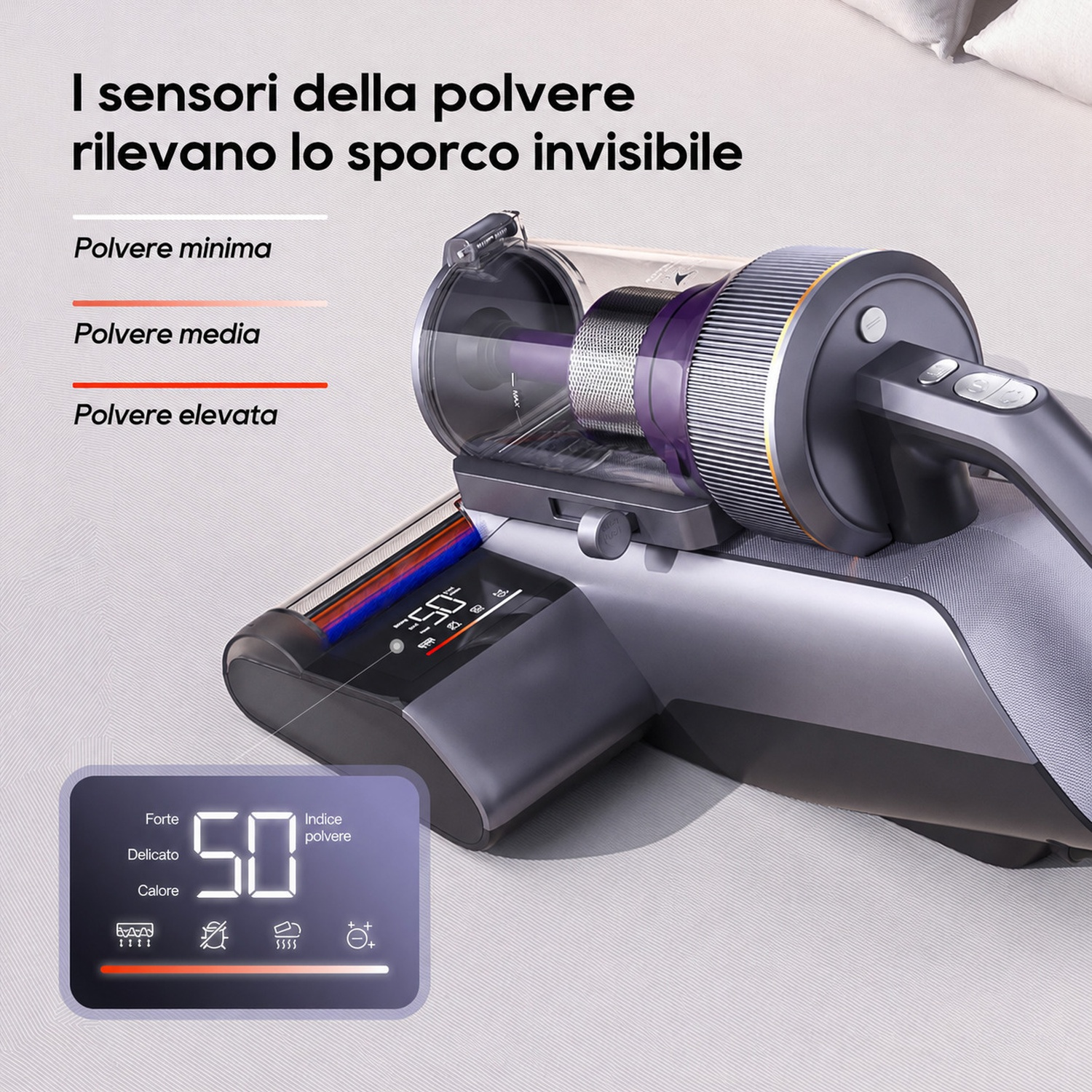 Un aspirapolvere con display digitale che mostra l'indice di polvere.