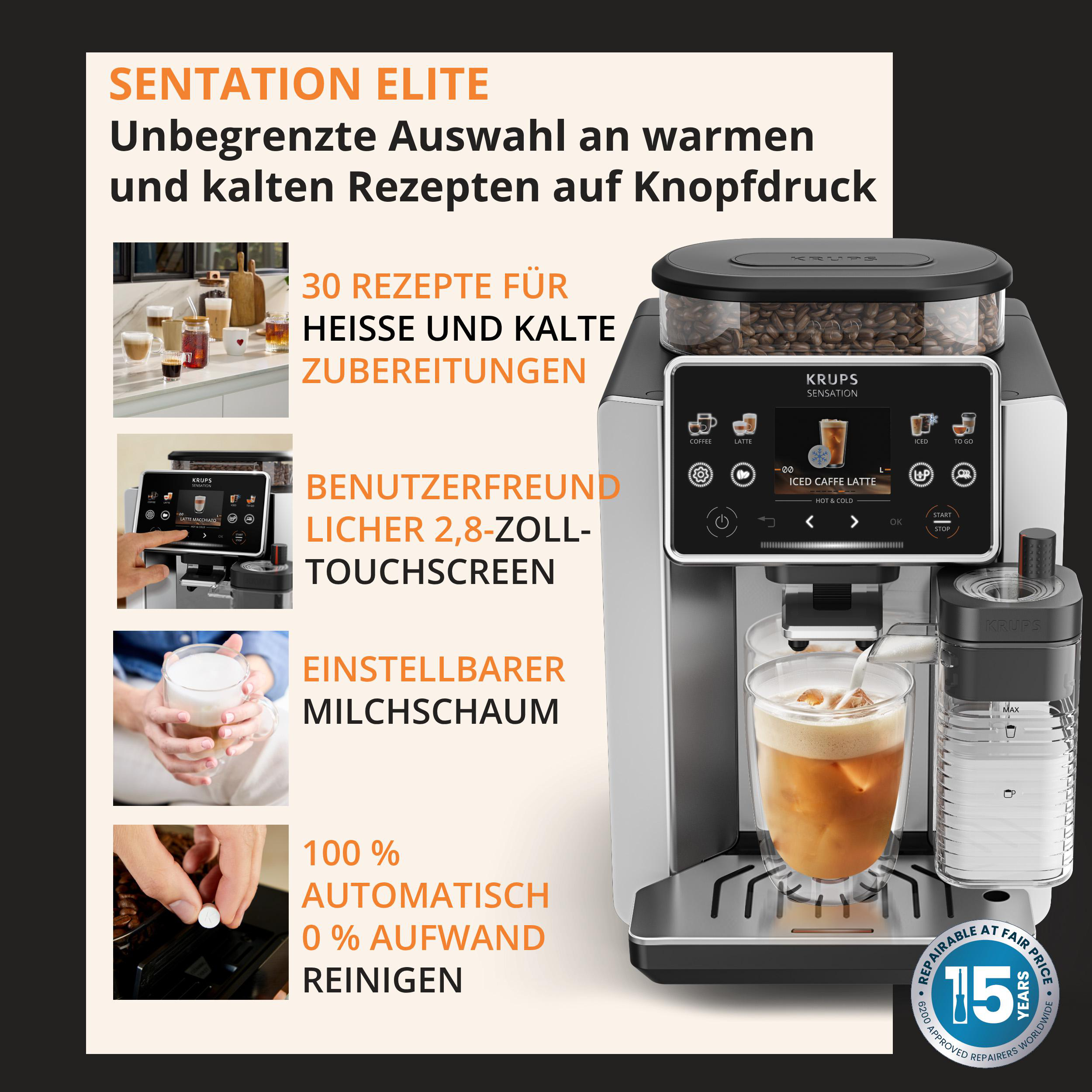 Krups Kaffeemaschine mit Touchscreen, zeigt Eiskaffee an. Daneben Infos & Bilder.