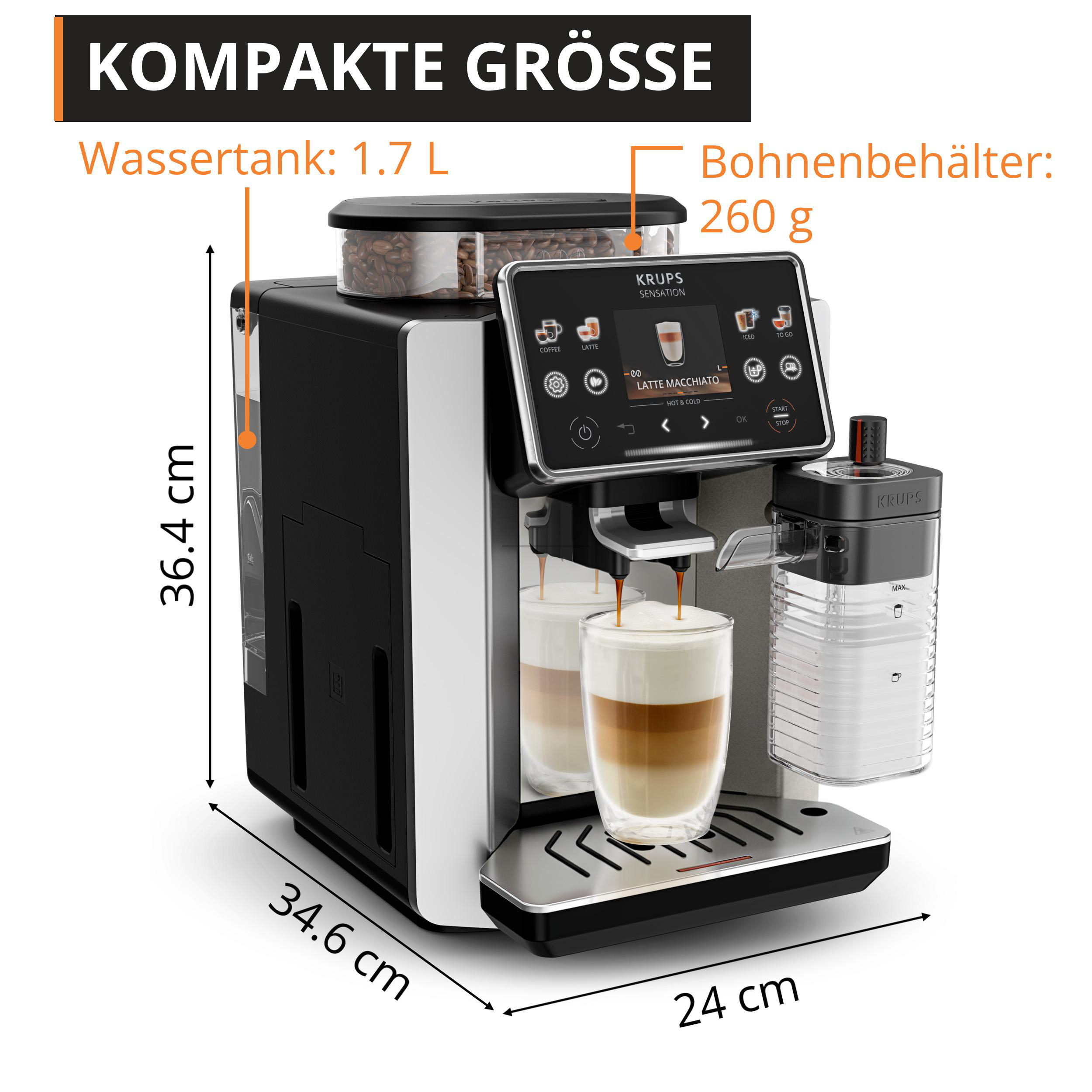 Kompakte Kaffeemaschine mit 1,7 L Wassertank, 260 g Bohnenbehälter, Maße 36,4x34,6x24 cm.