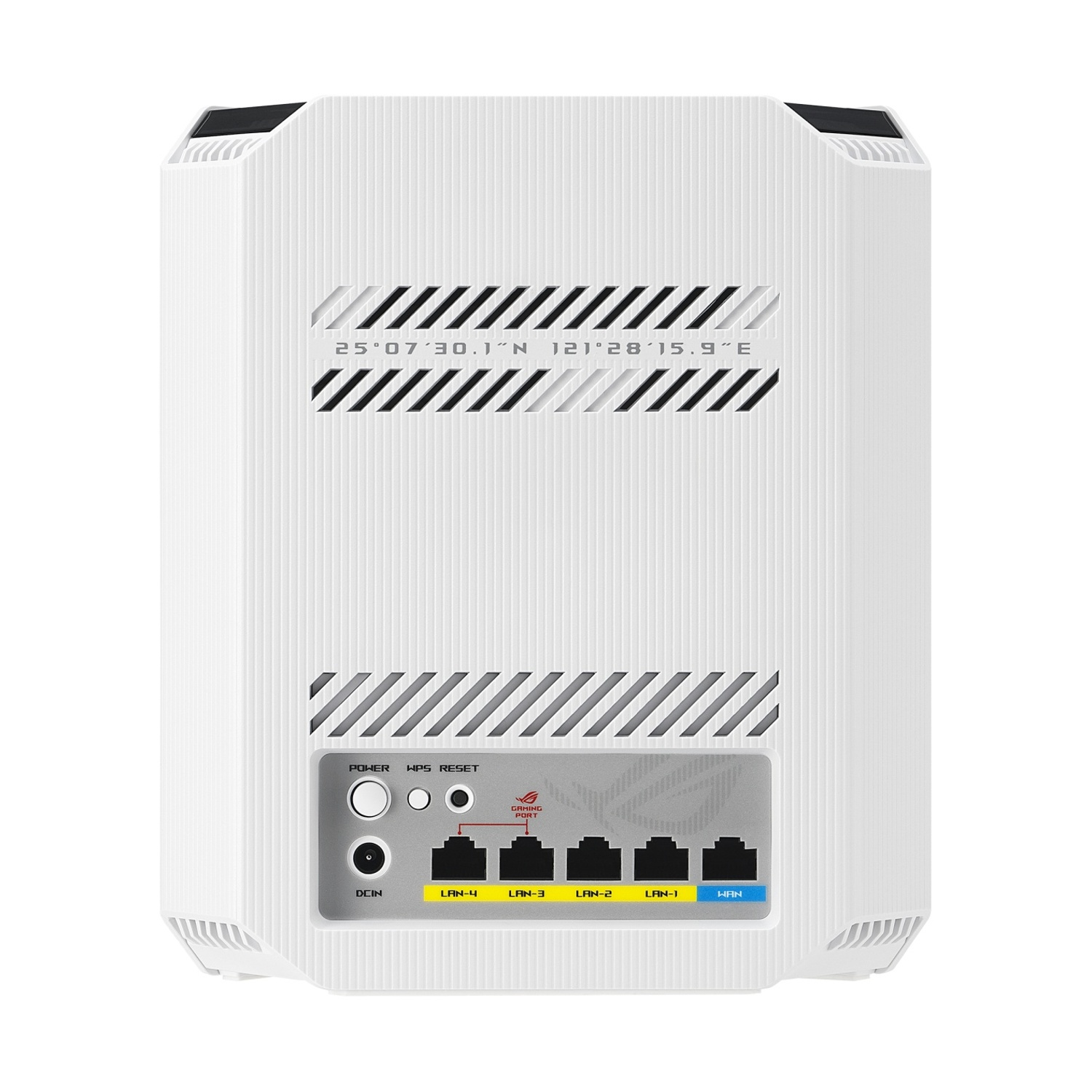 Un router bianco con porte e coordinate in cima.
