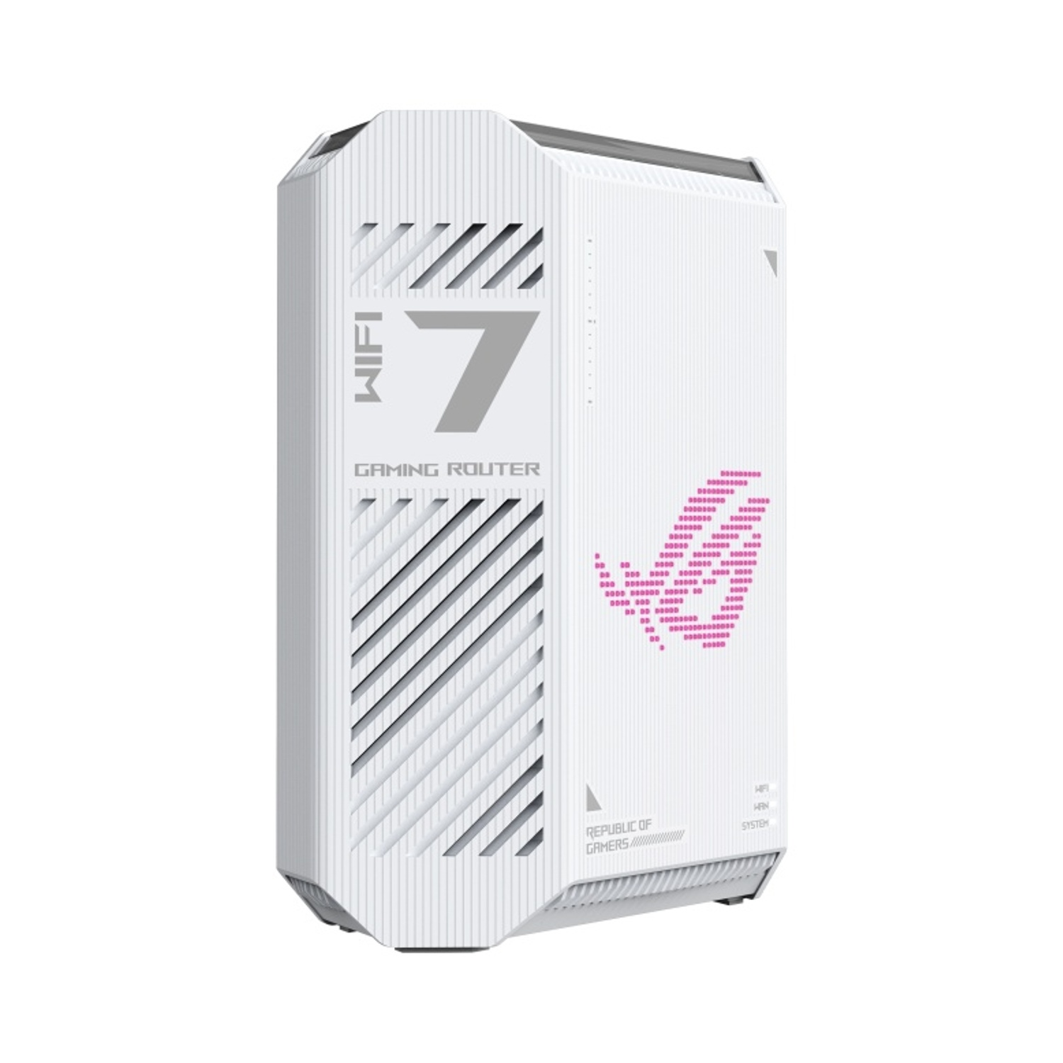 Un router da gaming bianco etichettato "WIFI 7" con logo ROG stilizzato.