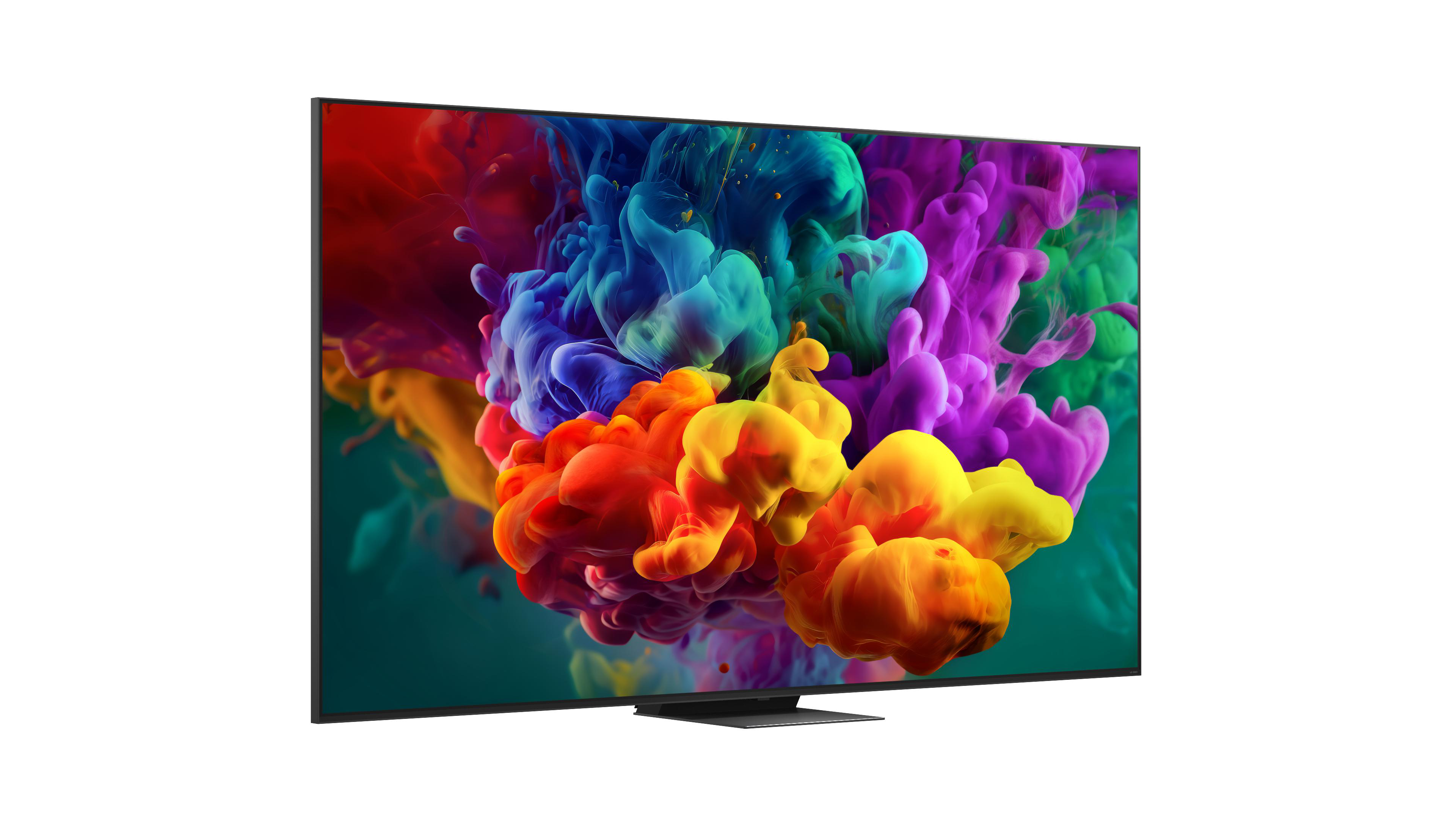 Ein moderner Fernseher mit einem bunten Bildschirmschoner von Farbnebeln.