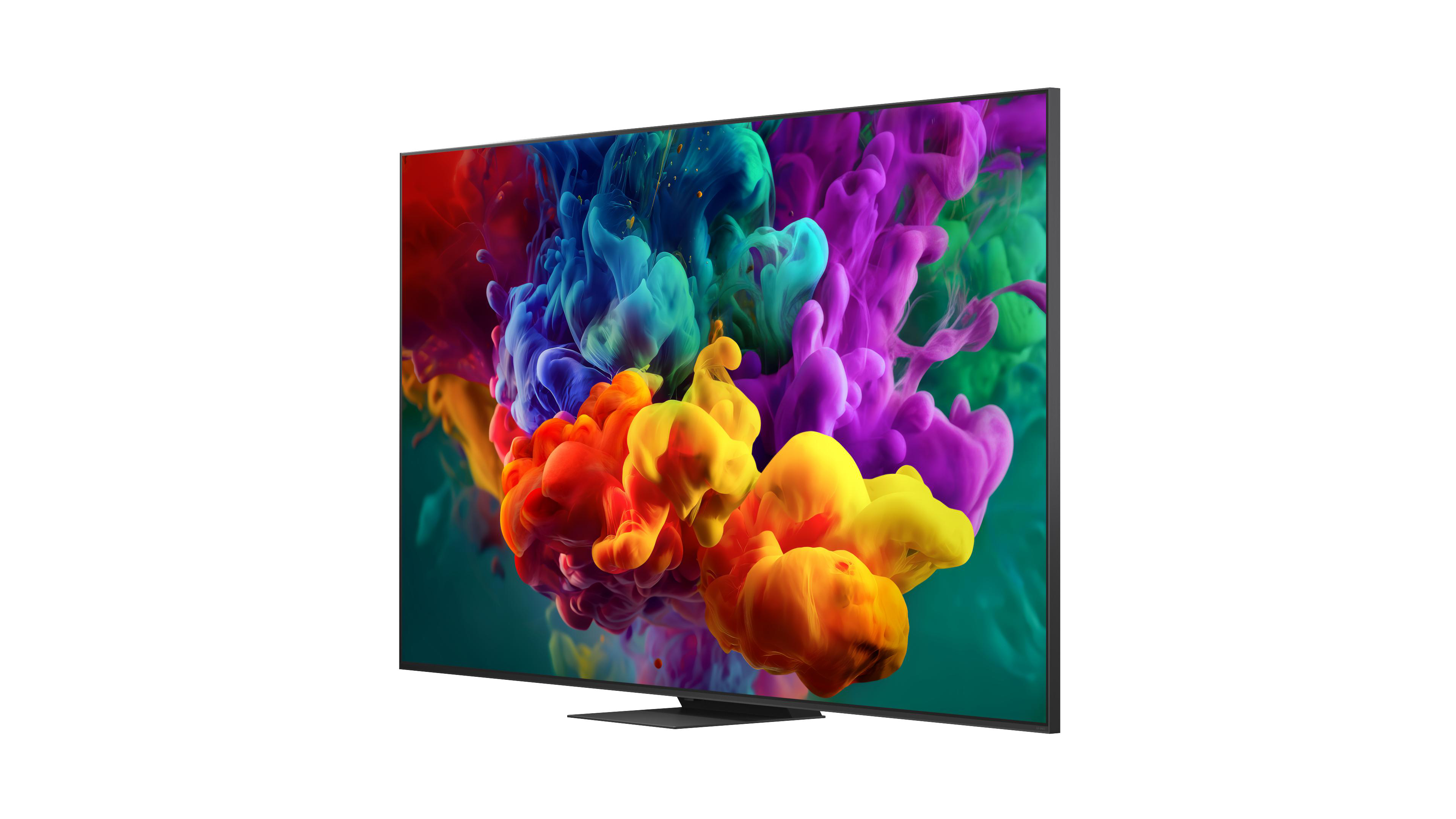 Ein moderner Fernseher zeigt abstrakte bunte Tintenkleckse in Rot, Orange, Blau und Lila.