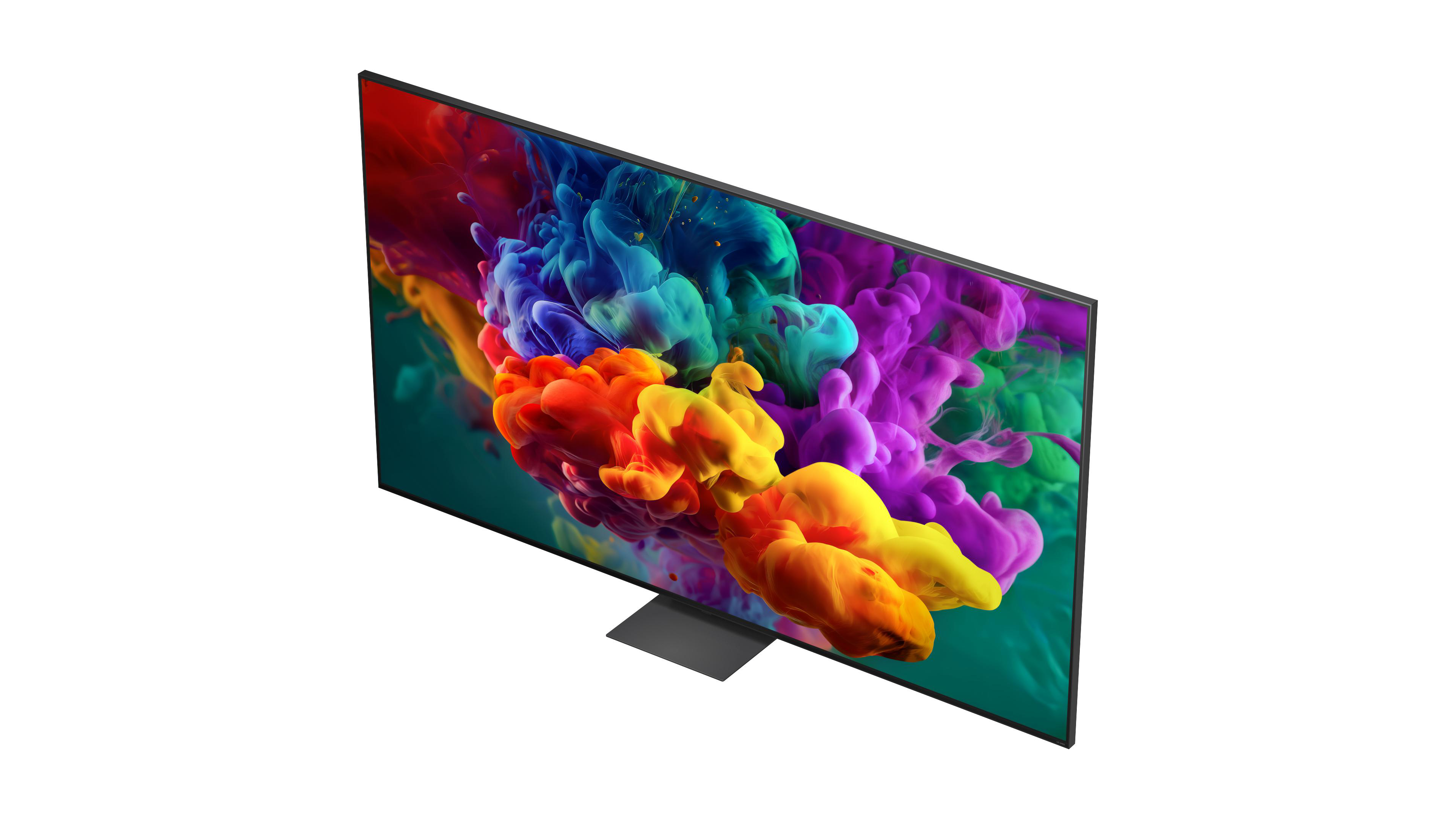 Ein moderner Fernseher mit einem bunten Rauch-Bildschirm auf einem weißen Hintergrund.