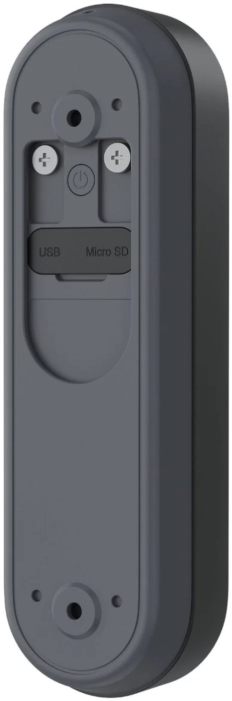 Szürke tok USB és Micro SD porttal, bekapcsológomb szimbólummal és csavarokkal.