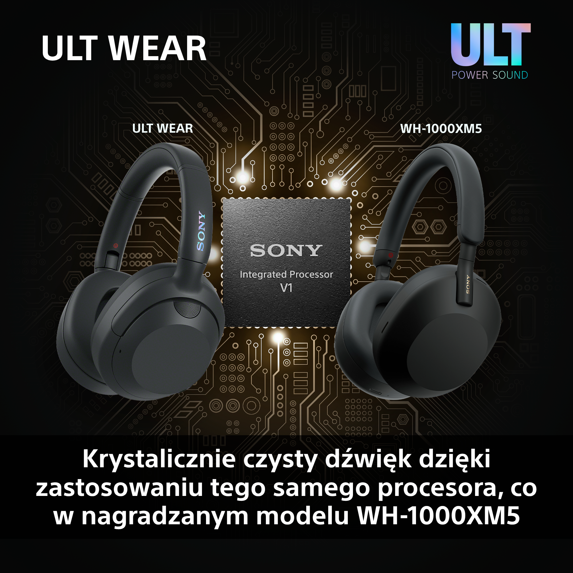 Dwa czarne słuchawki Sony WH-1000XM5 z chipem pośrodku na ciemnym tle.