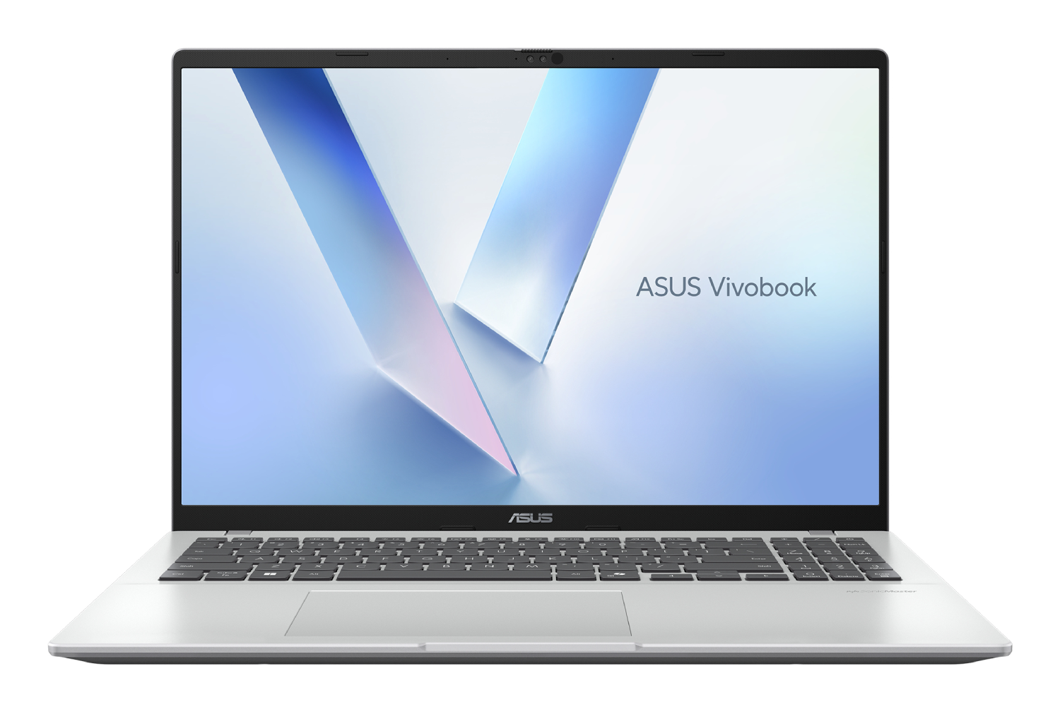 Un portátil plateado Asus Vivobook con fondo abstracto azul y rosa.