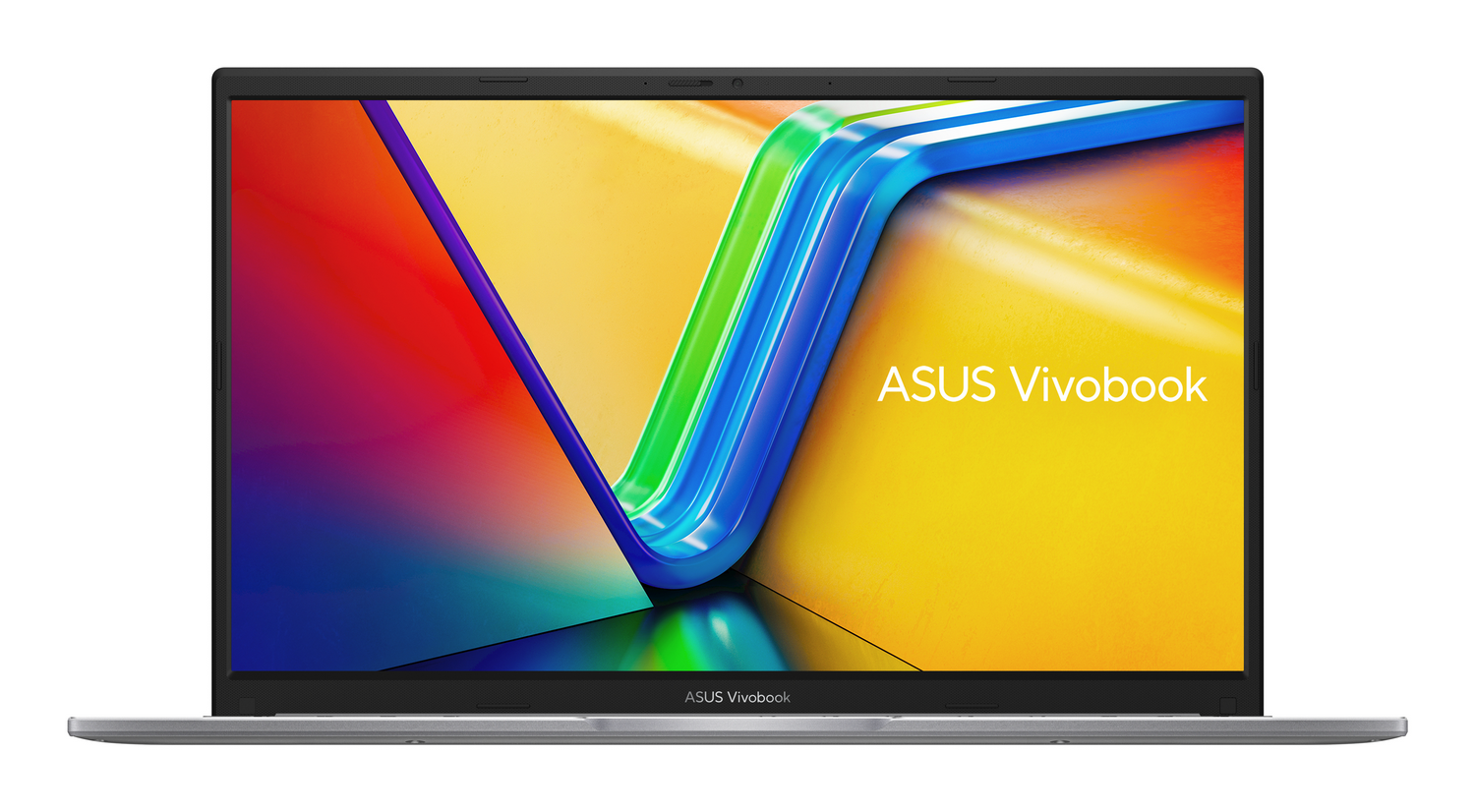 Un portátil plateado Asus Vivobook con fondo de pantalla colorido.