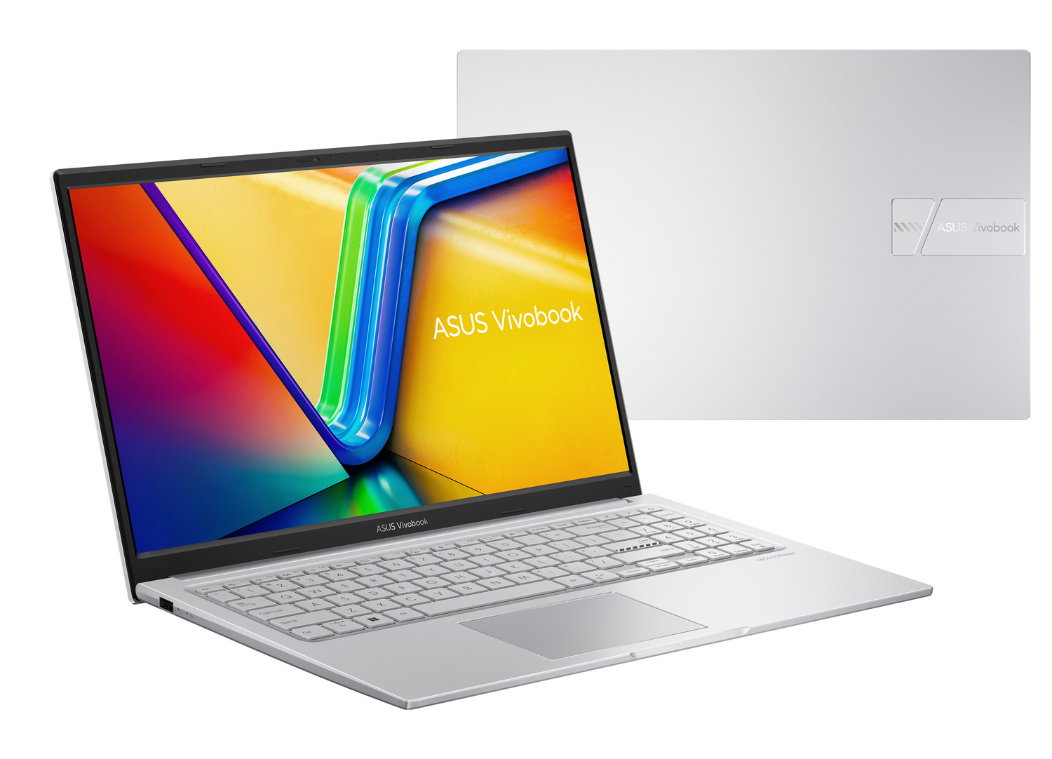 Un portátil Asus Vivobook plateado con pantalla colorida y fondo blanco.