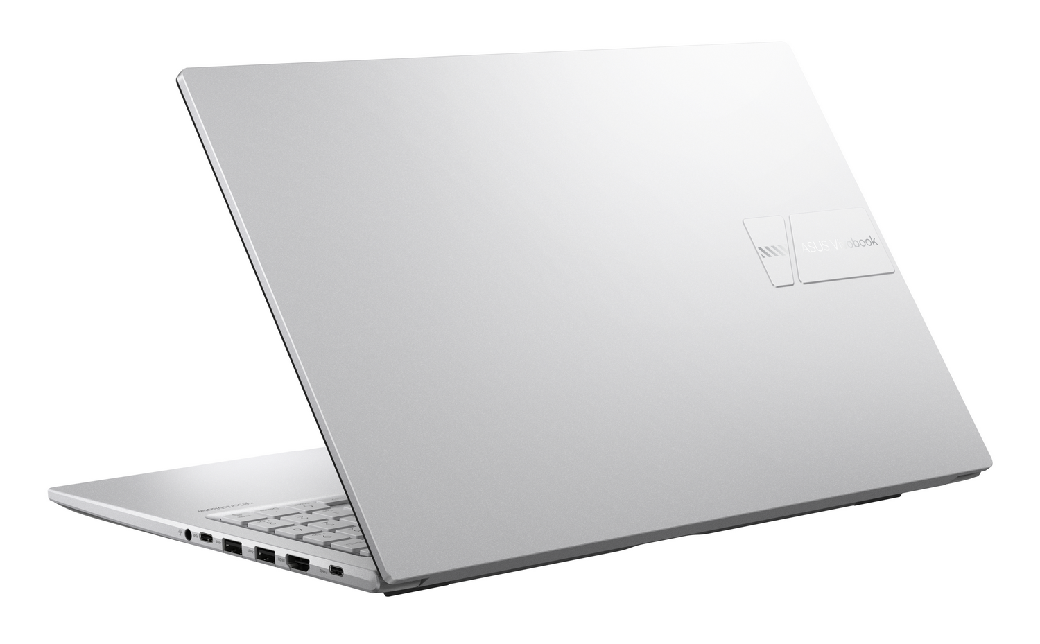 Portátil plateado ASUS Vivobook, vista posterior y teclado.