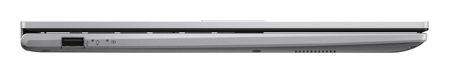 Un portátil plateado que muestra un puerto USB e iconos.