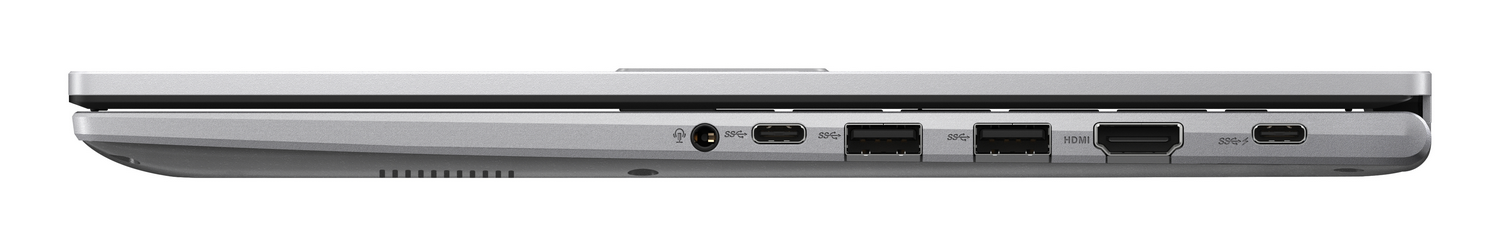 Portátil plateado con puertos: alimentación, 2x USB-C, 2x USB-A, HDMI.