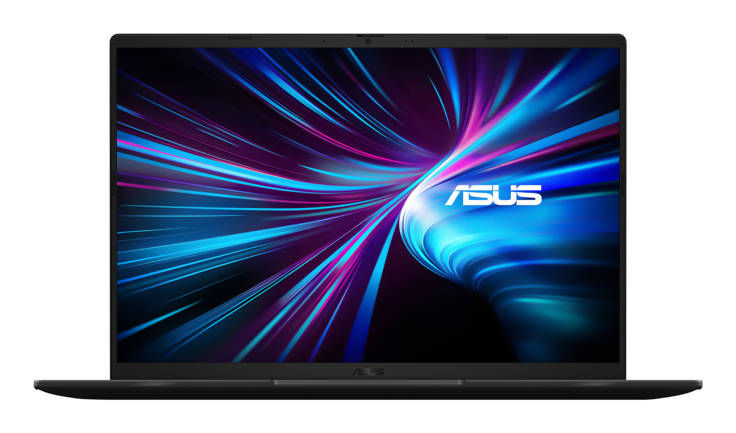 Un portátil ASUS negro abierto muestra un fondo de pantalla vibrante con rayas de luz azules, rosas y moradas.