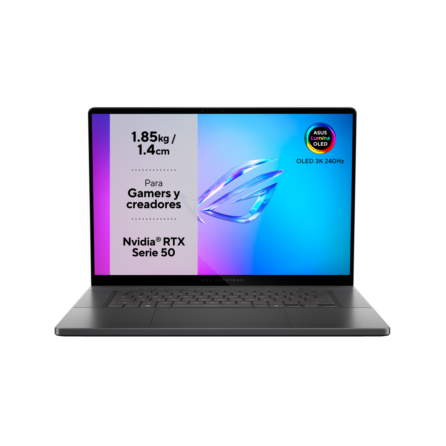 Un portátil oscuro con un logo ROG iluminado en la pantalla.
