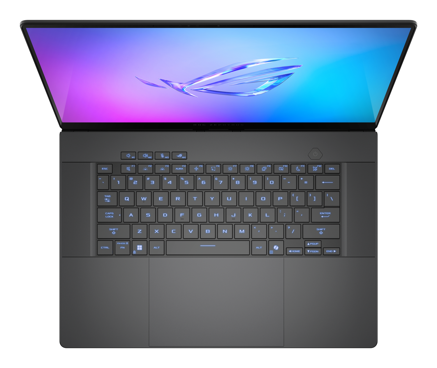 Un portátil oscuro con teclado retroiluminado y protector de pantalla azul/violeta.