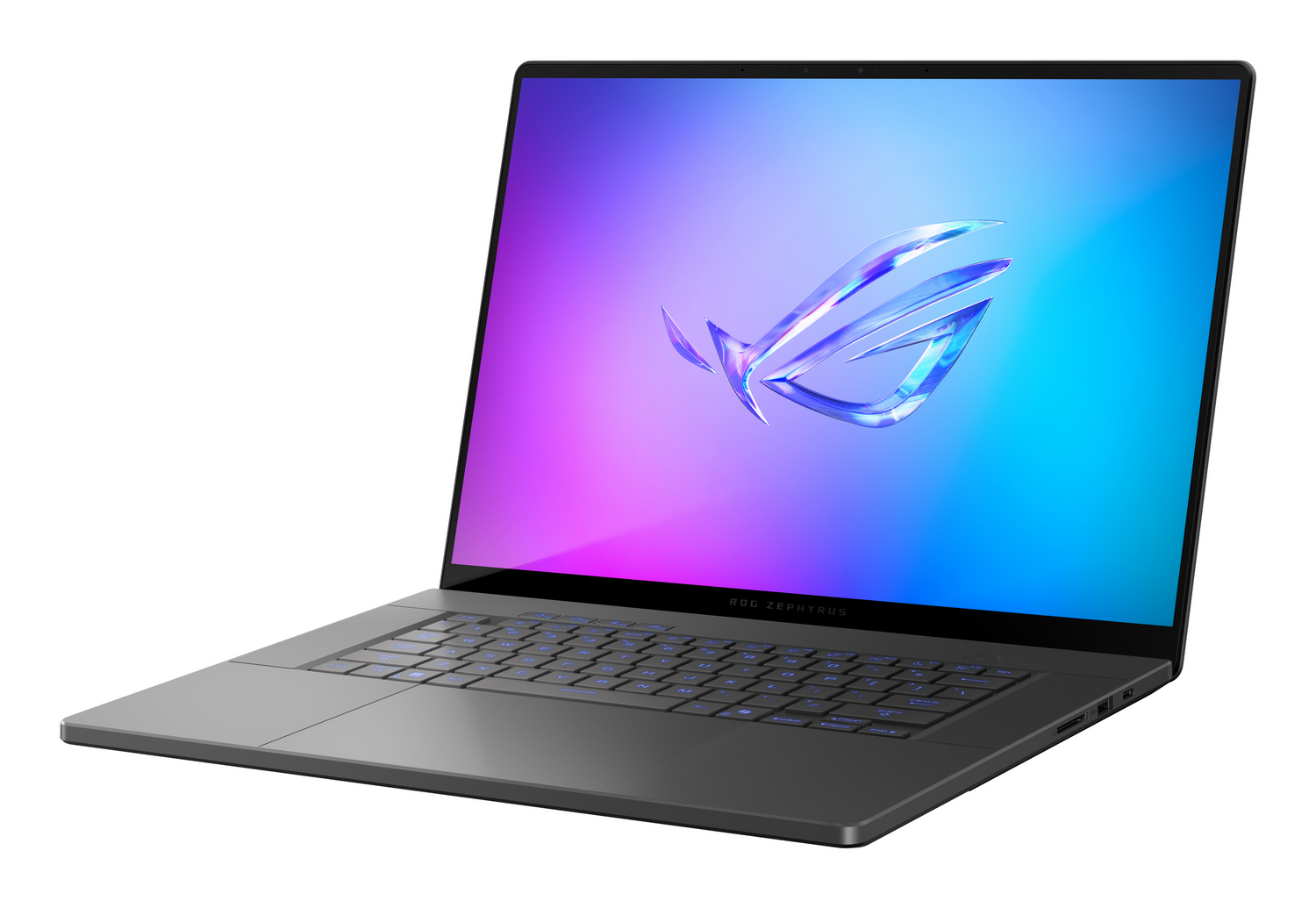 Un portátil ASUS ROG gris con logo brillante en pantalla degradada violeta-azul.