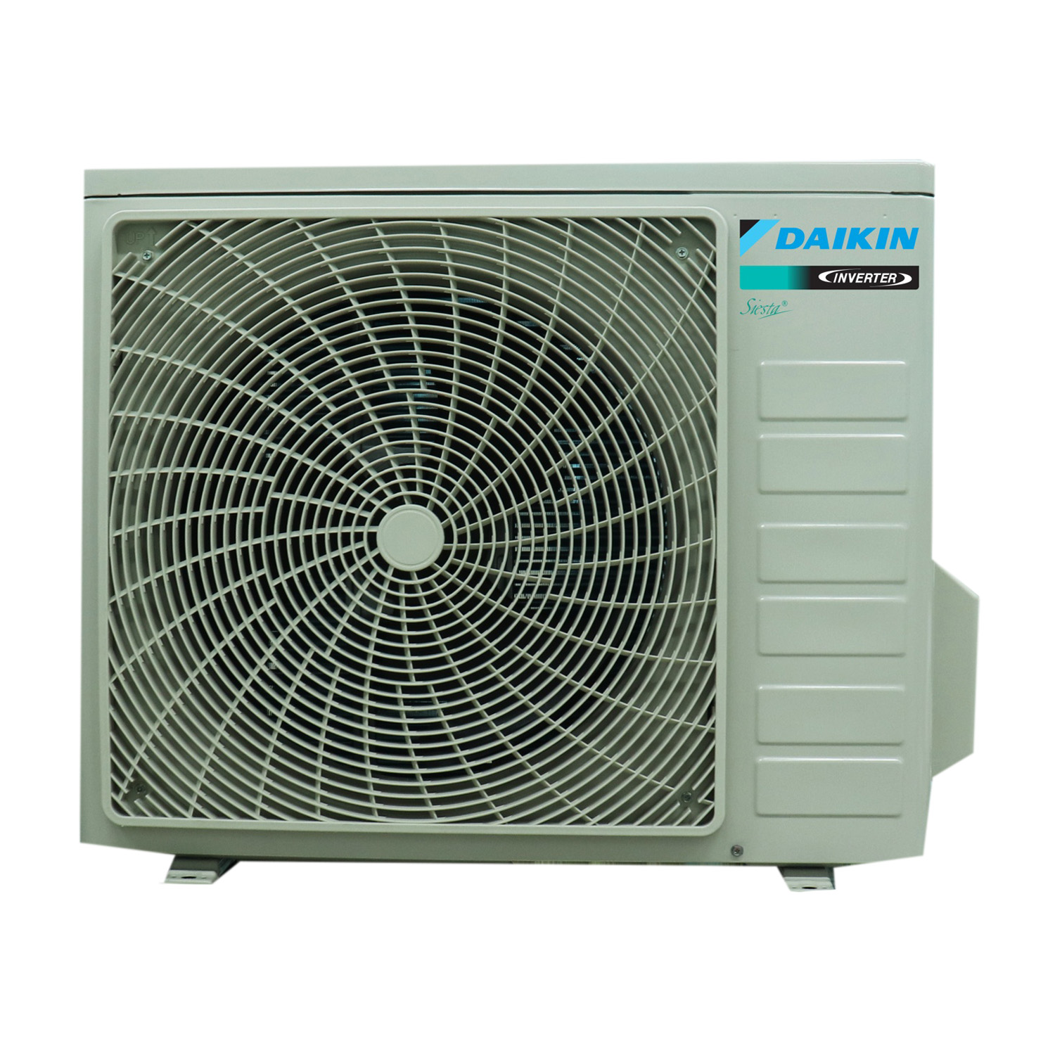 Un'unità esterna per condizionatore Daikin grigia con una grande griglia del ventilatore.