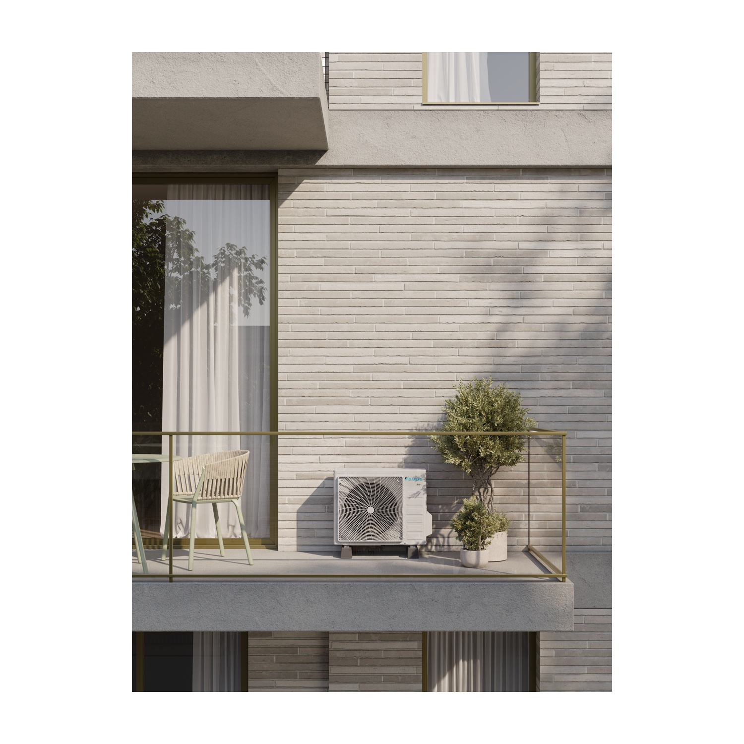 Un'unità di condizionamento si trova su un balcone vicino a una sedia e piante.