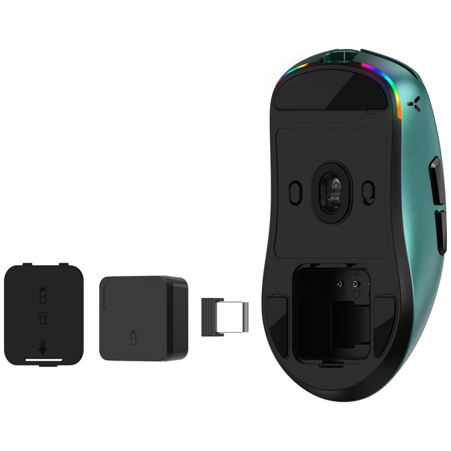 Groene gamingmuis met RGB-verlichting en afneembare batterijdeksel.