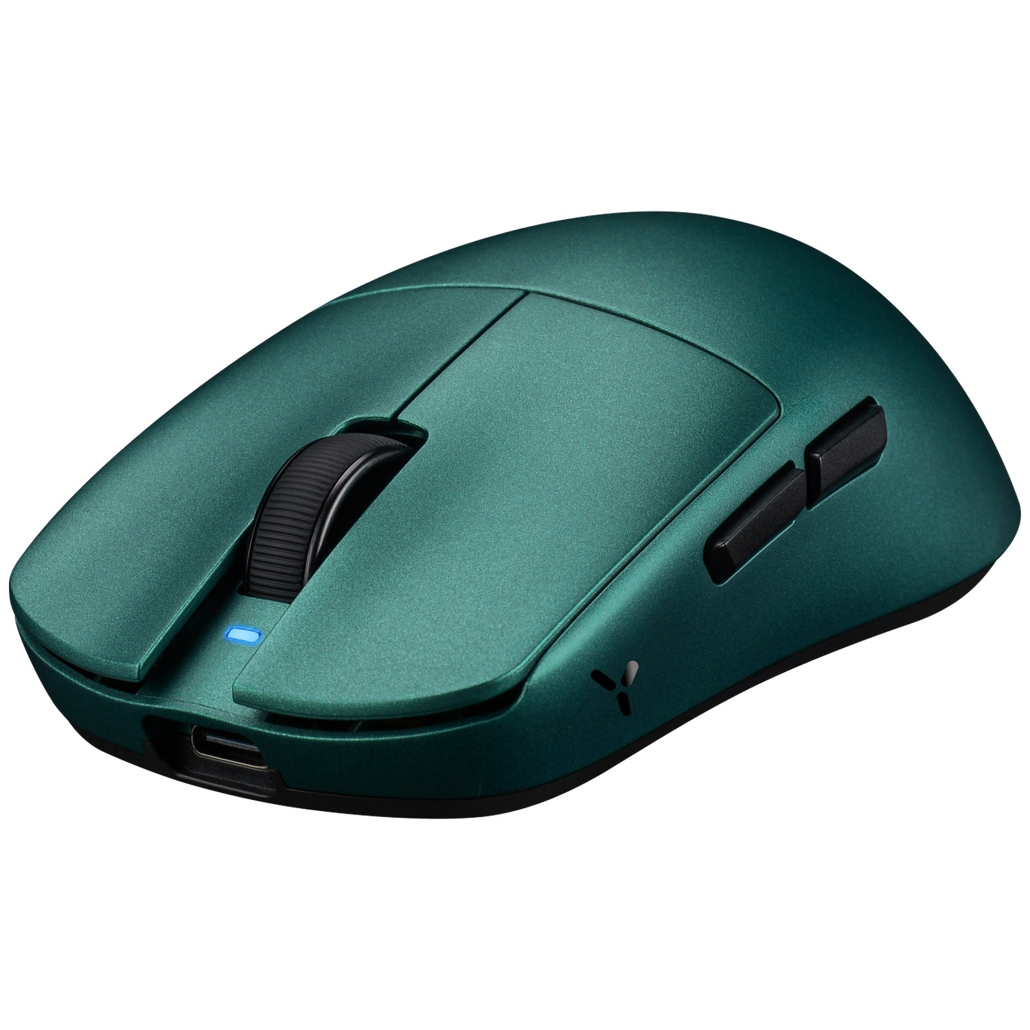 Een groene draadloze computermuis met scrollwiel en USB-C-poort.