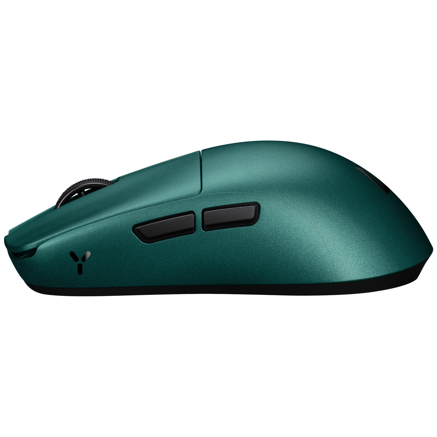 Een groene draadloze muis met een scrollwiel en twee zijtoetsen.
