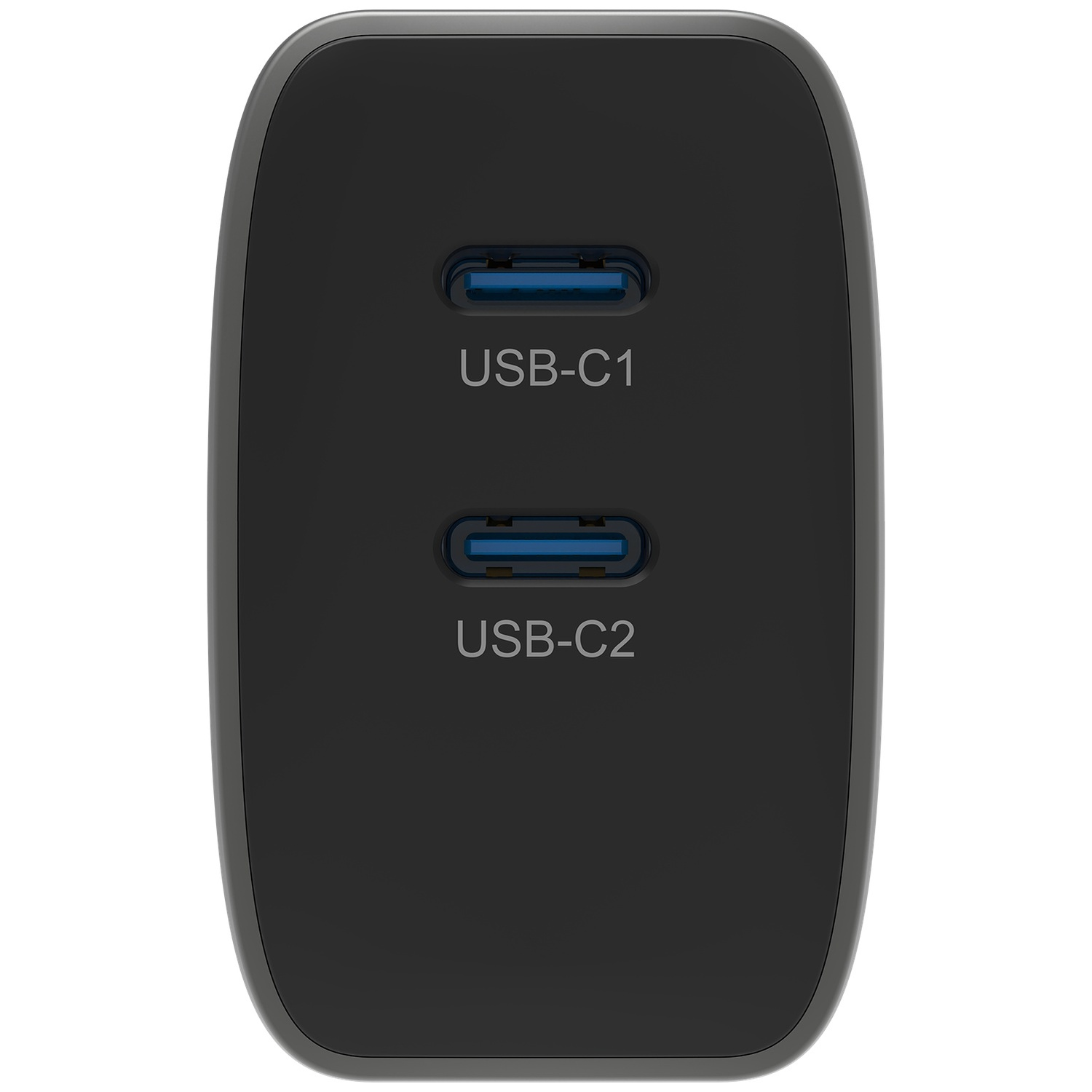 Een zwarte USB-C lader met twee poorten, gelabeld USB-C1 en USB-C2.