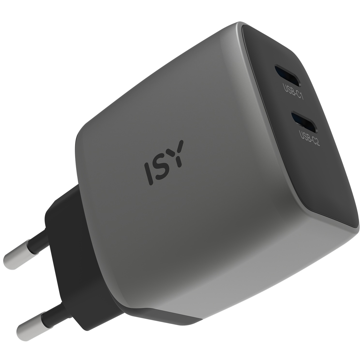 Grijze USB-C opladerstekker met twee poorten en zilveren pinnen.