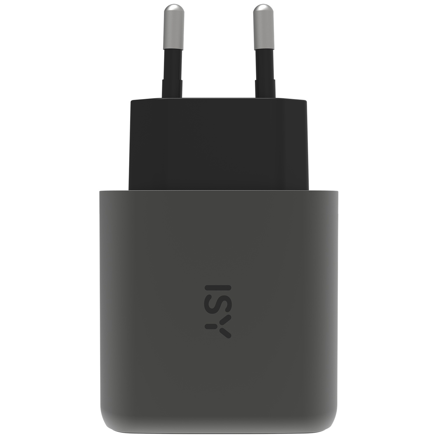 Een donkergrijze ISY-stroomadapter met twee zilveren pinnen die uit een zwarte doos steken.