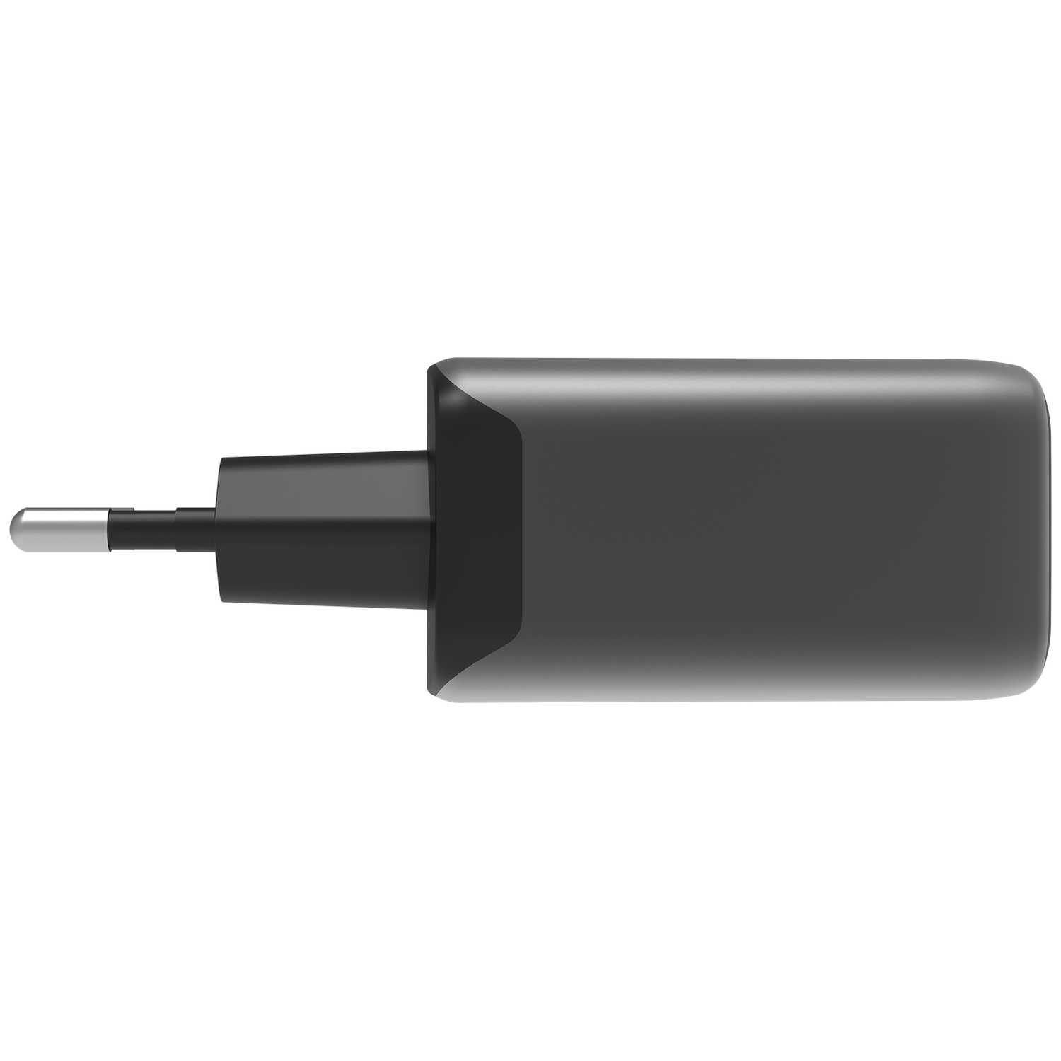 Een donkere stekkeradapter met een zilveren pin op een witte achtergrond.