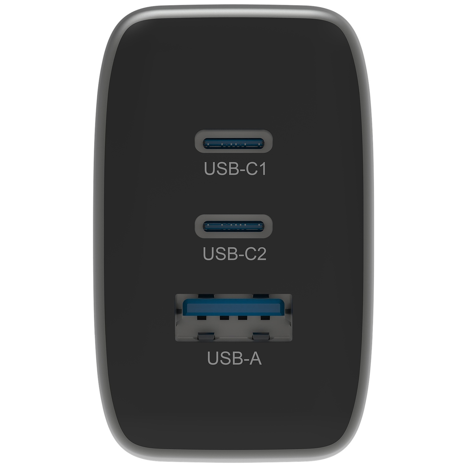 Zwarte lader met twee USB-C-poorten en één USB-A-poort.