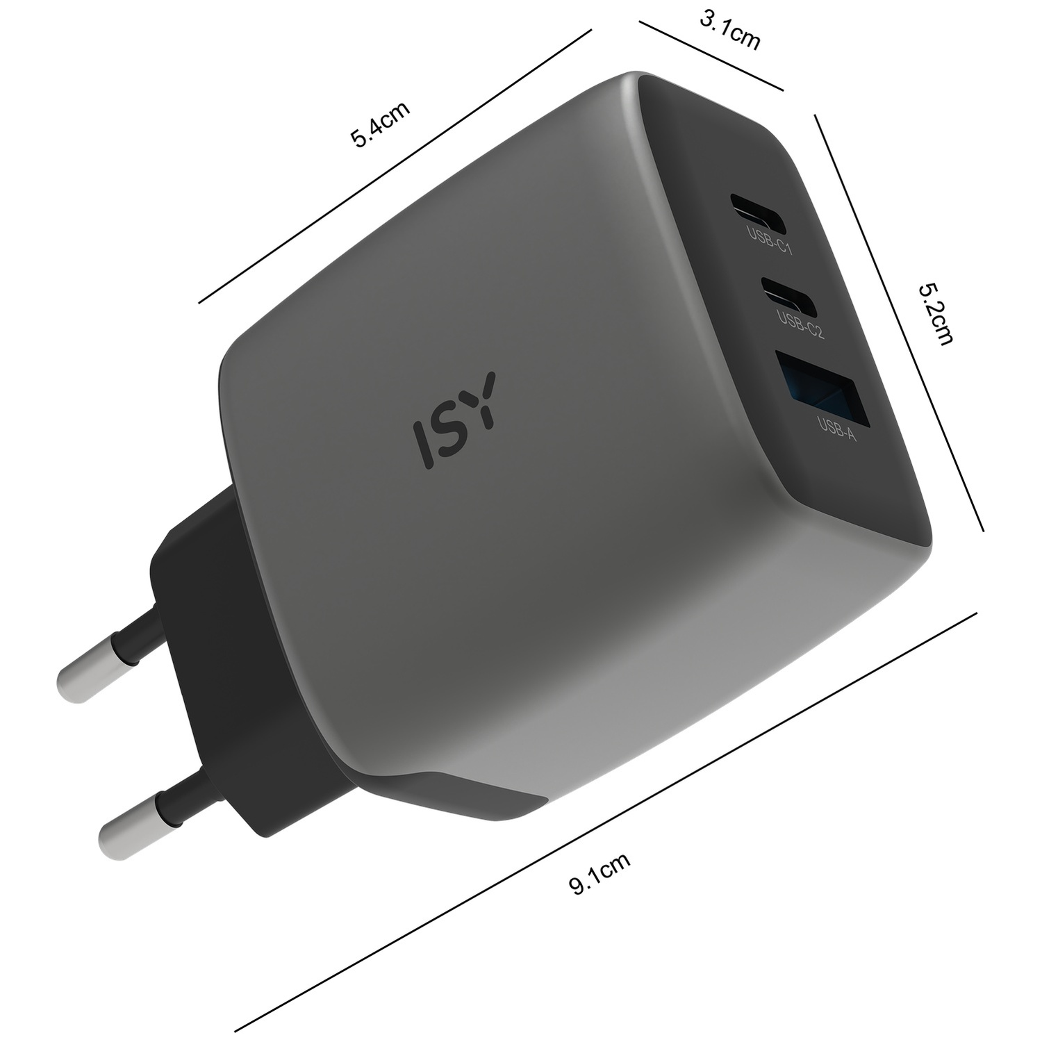 Grijze USB-oplader met twee USB-C en één USB-A poort.
