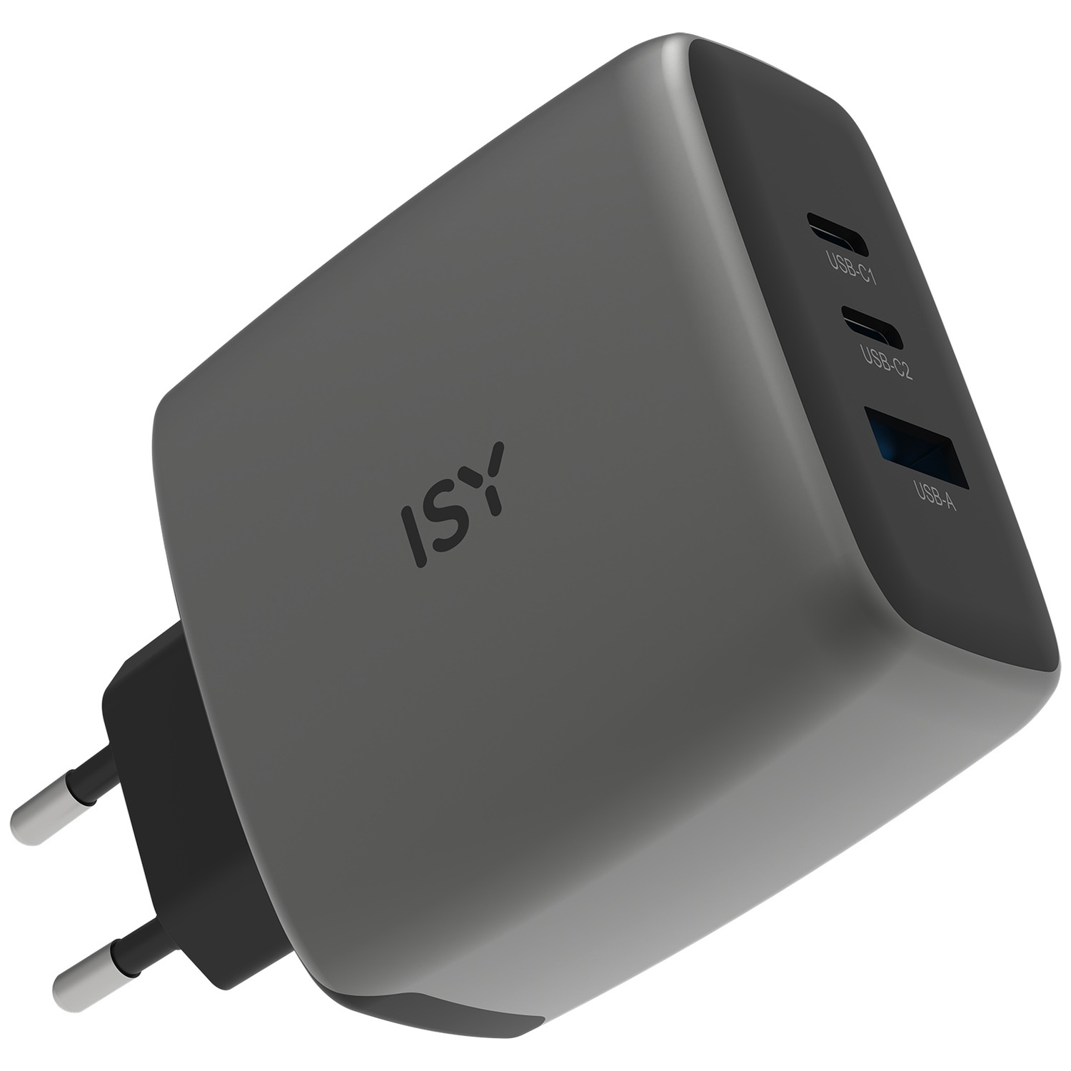 Grijze stroomadapter met twee USB-C en één USB-A poort.
