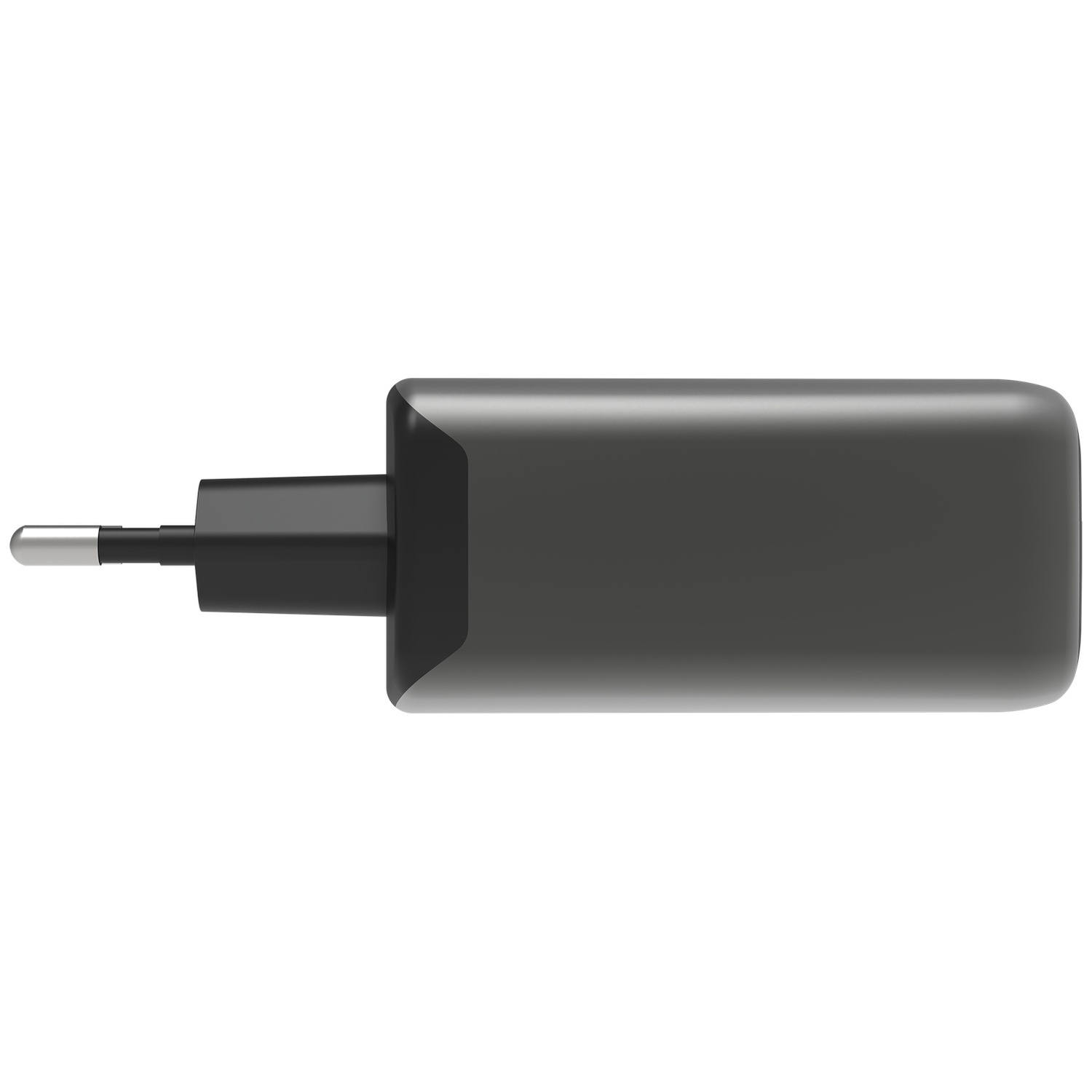 Een grijze stekkeradapter met twee metalen pinnen op een witte achtergrond.