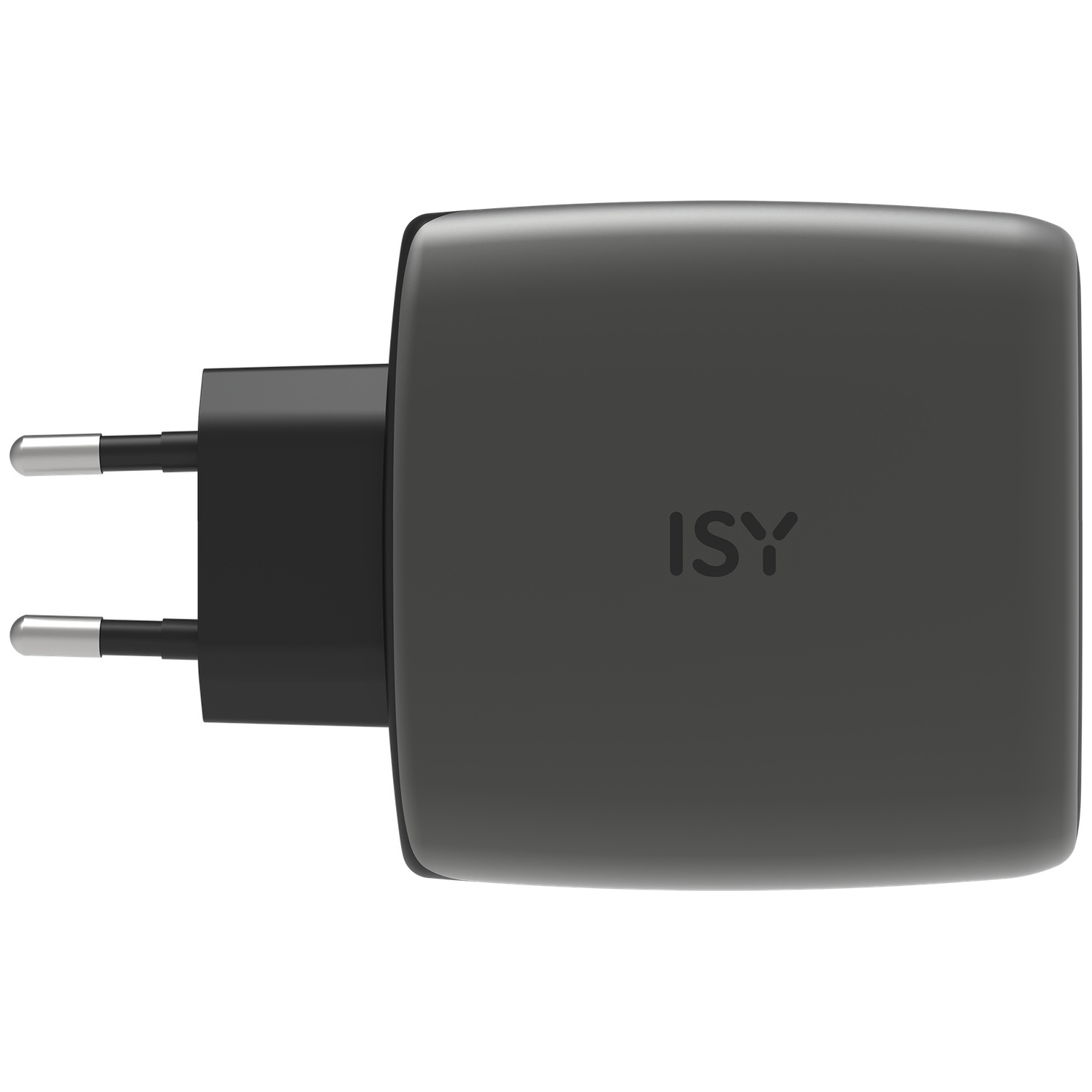 Een donkergrijze stroomadapter met twee zilveren pinnen en het ISY-logo.