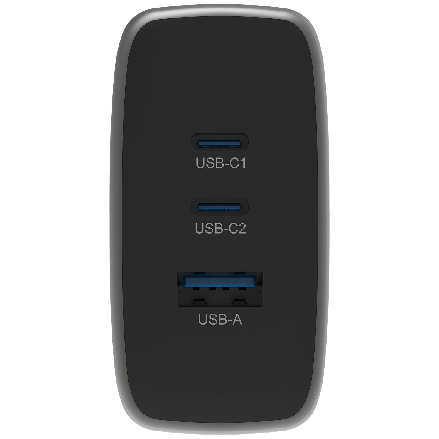 Zwarte USB-oplader met twee USB-C-poorten en één USB-A-poort.