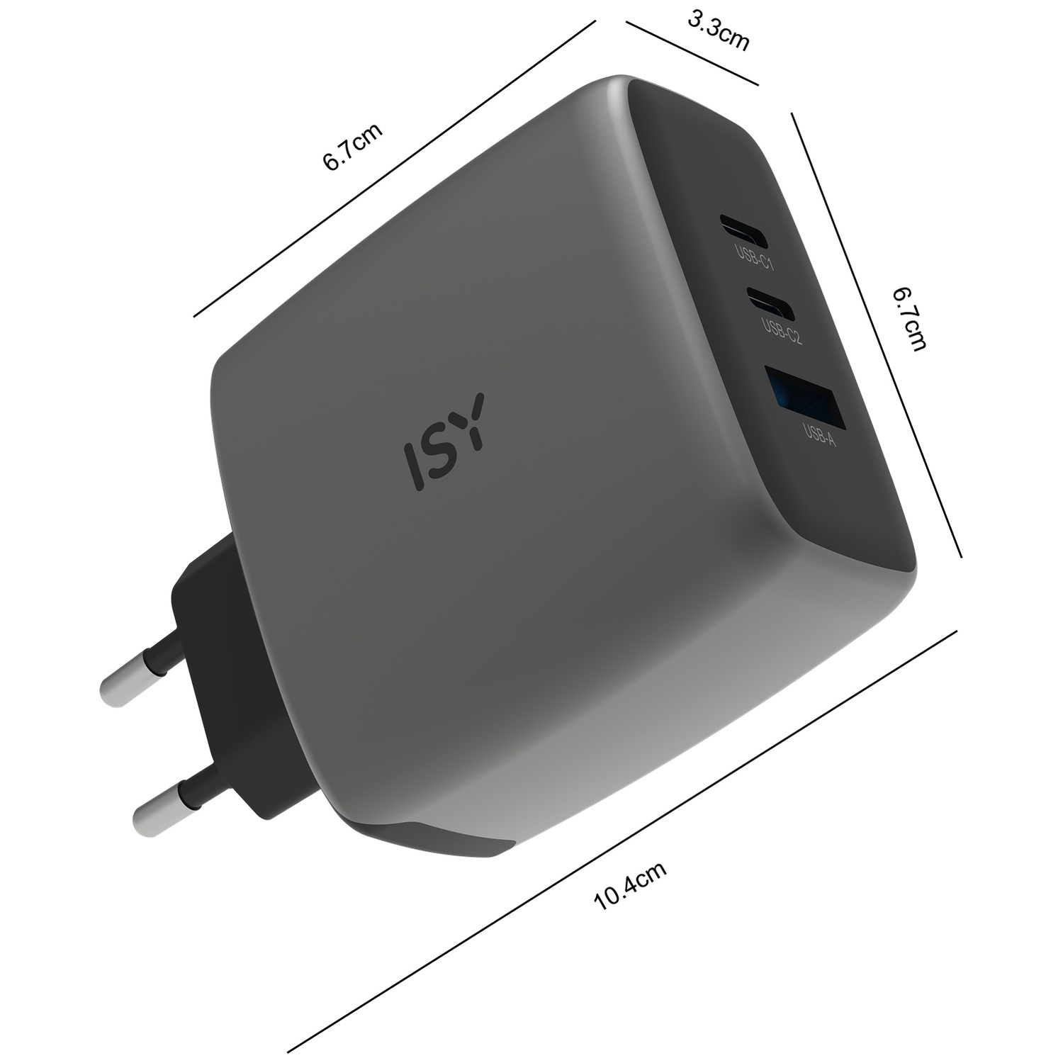 Grijze stroomadapter met drie poorten: 2x USB-C, 1x USB-A.