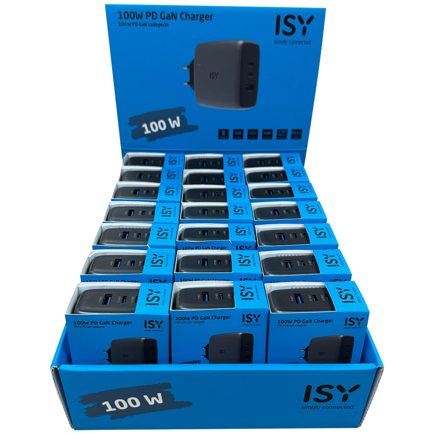 Display met veel ISY 100W PD GaN opladers in blauwe dozen.