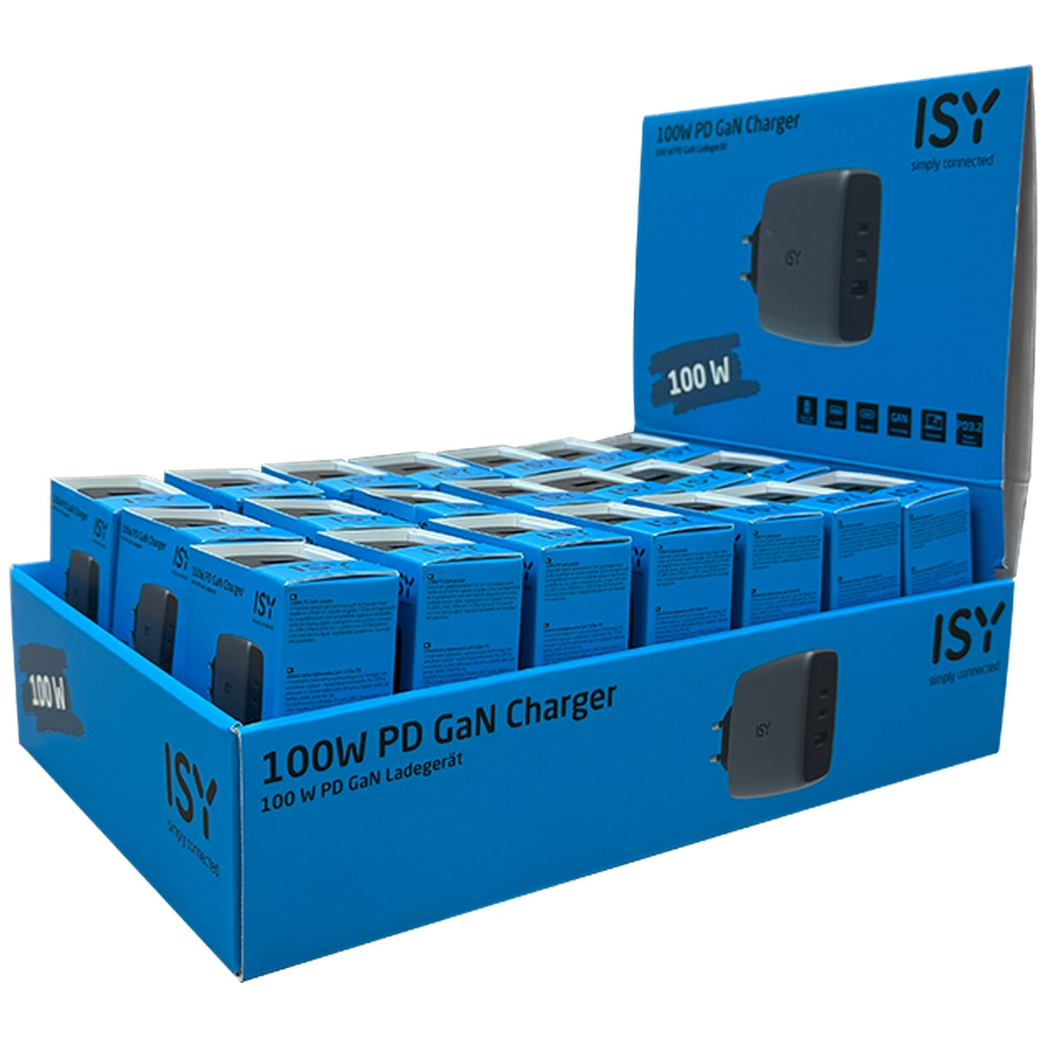 ISY 100W PD GaN oplader in een blauwe displaydoos. Veel individuele verpakkingen.