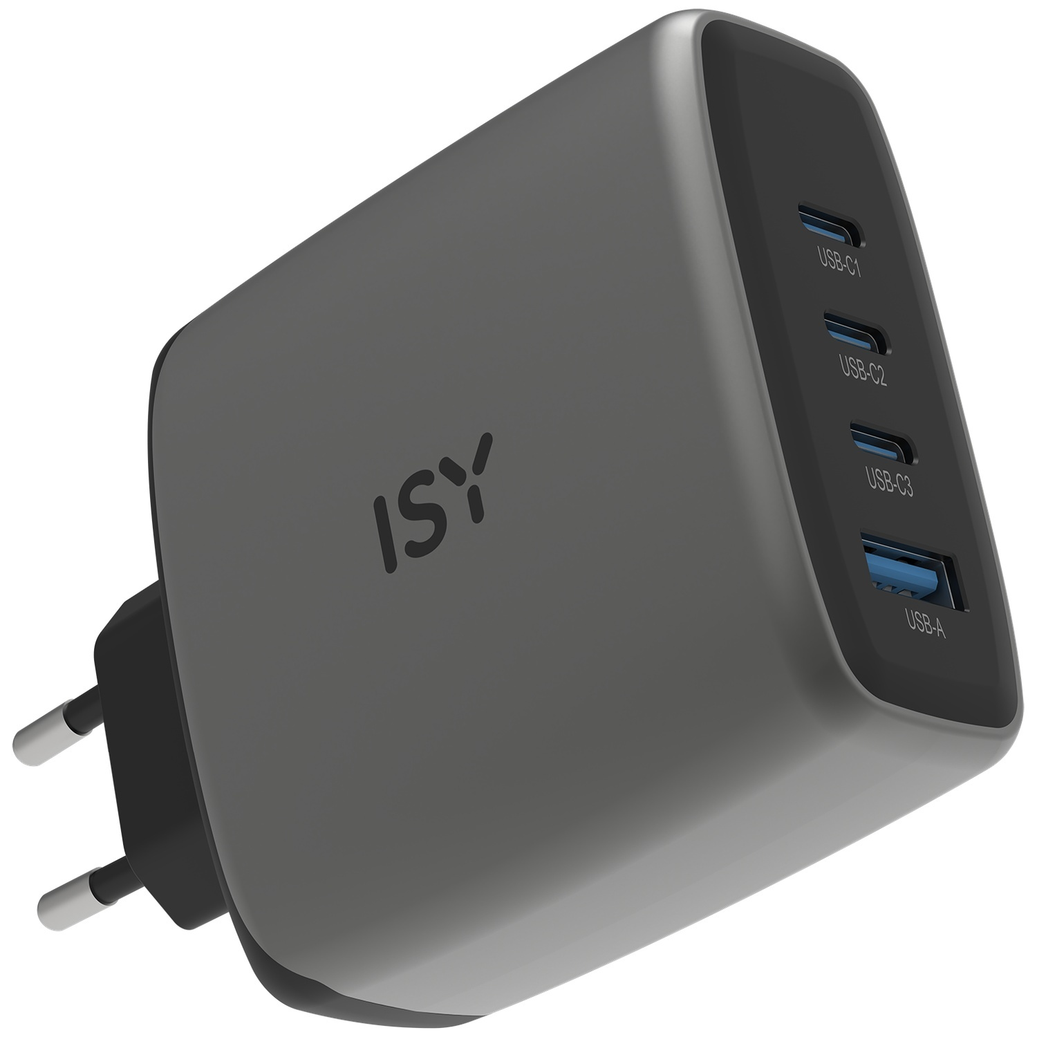 Grijze ISY lader met 3 USB-C en 1 USB-A poort.
