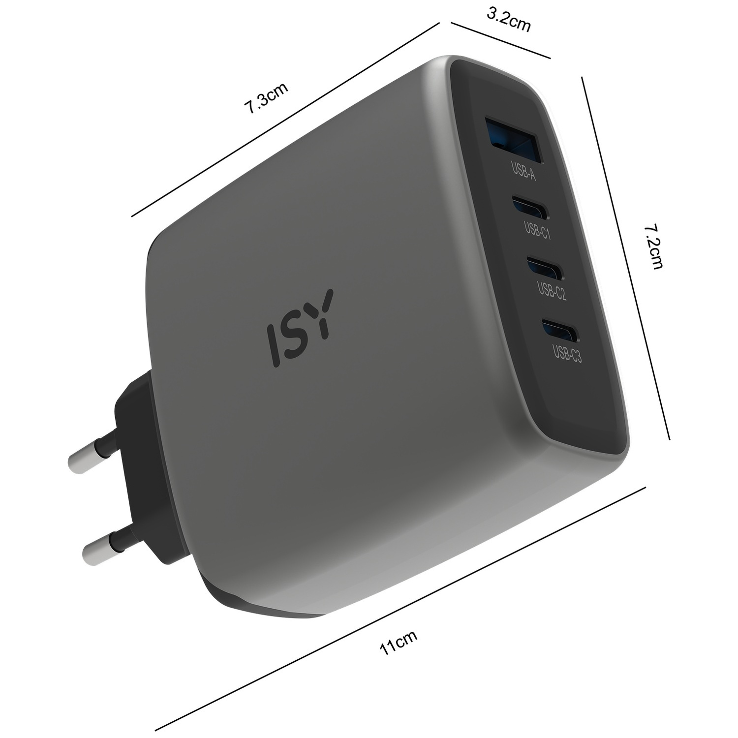 Grijze ISY-oplader met USB-A, USB-C1, USB-C2, USB-C3 poorten en Europese stekker.