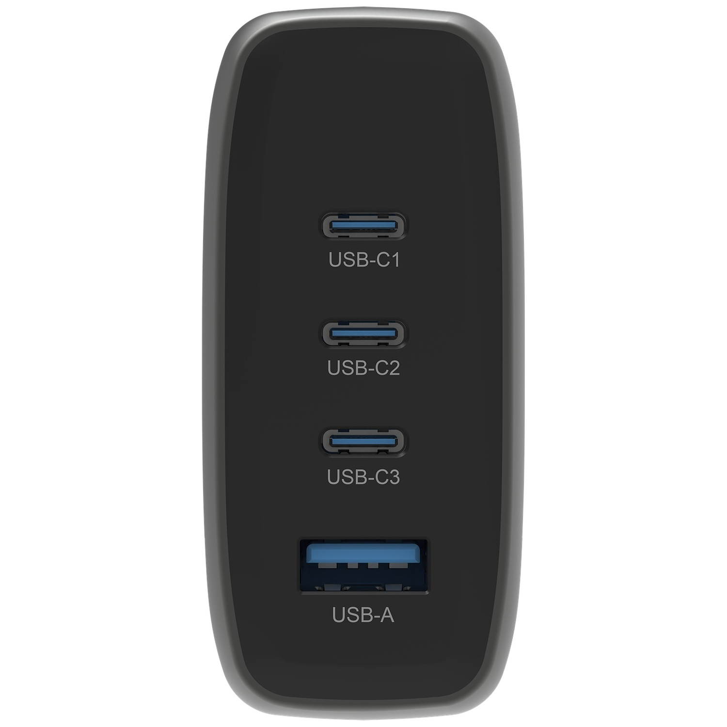 Zwarte oplader met drie USB-C en één USB-A poorten.