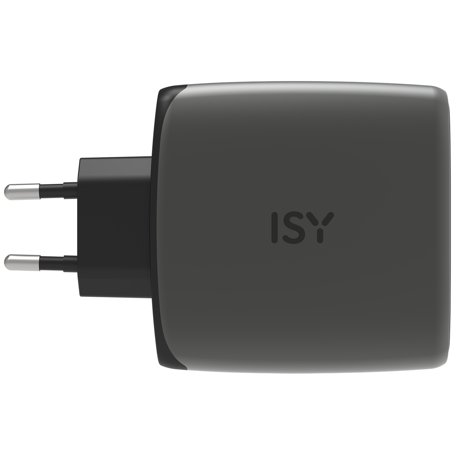 Grijze stroomadapter met twee metalen pinnen en ISY-logo.