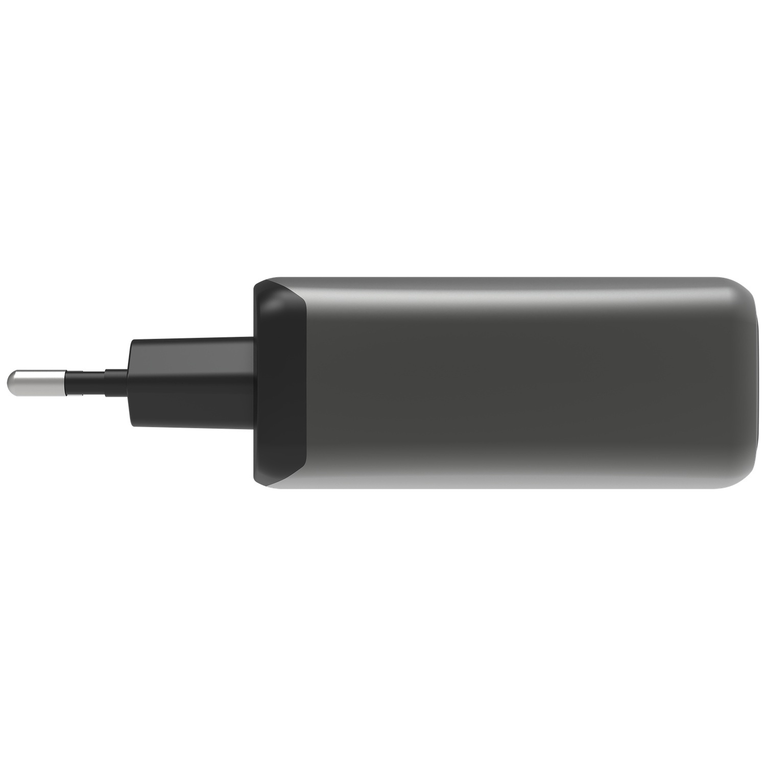 Een grijze stroomadapter met een metalen stekker, geïsoleerd.