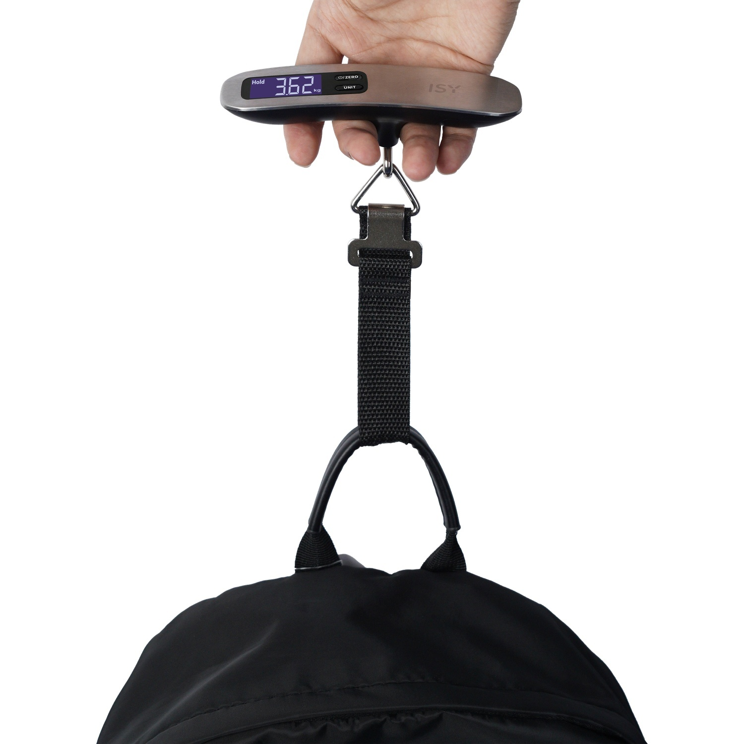 A hand holds a digital scale weighing a black backpack at 3.62 kg.