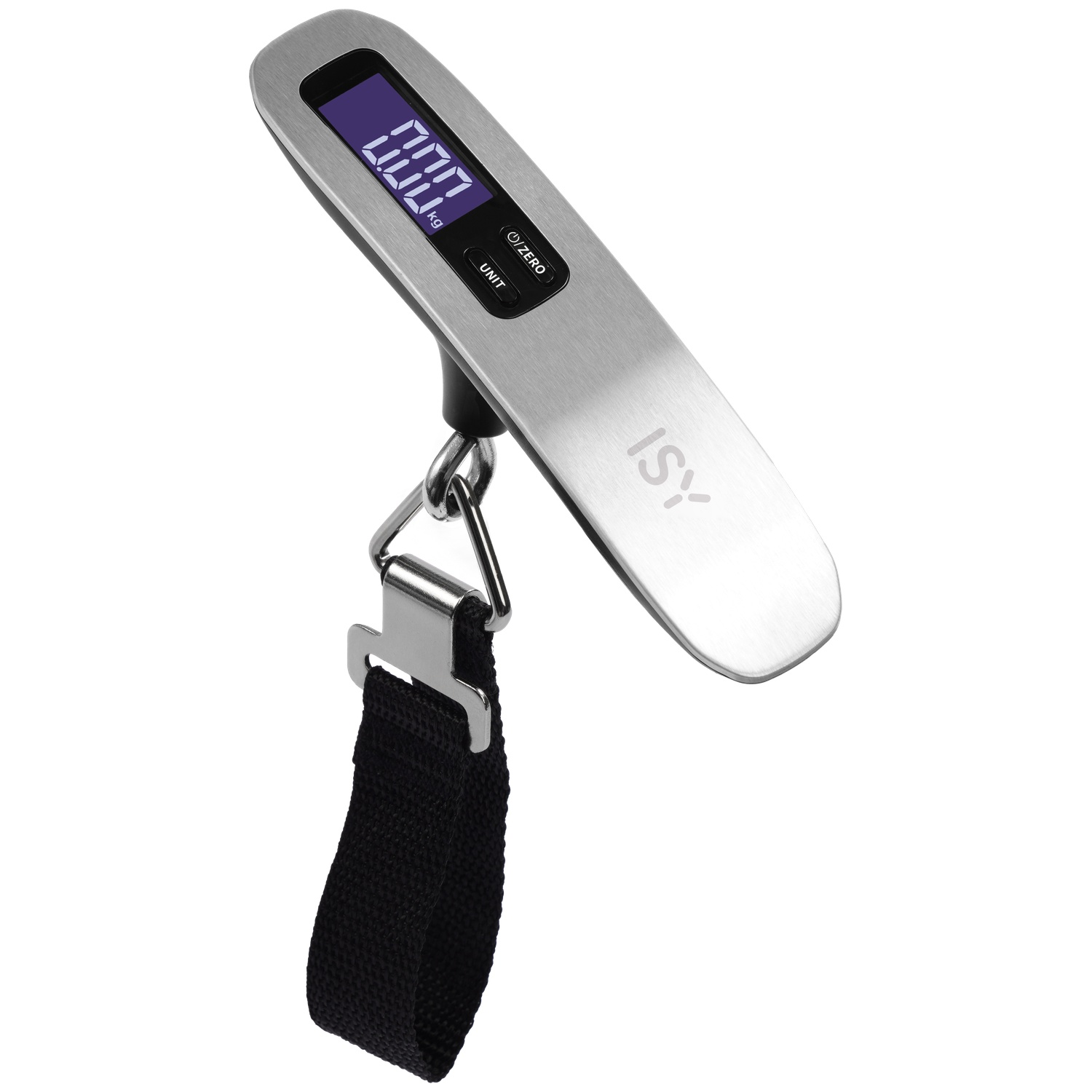 Silver hanging luggage scale with black strap and digital display.