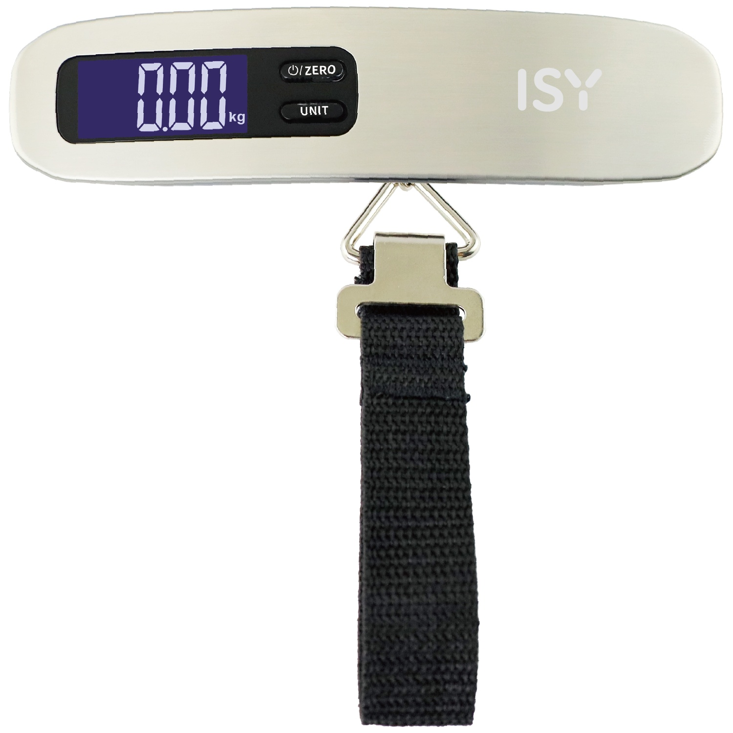 Silver luggage scale with black strap and digital display showing 0.00 kg.