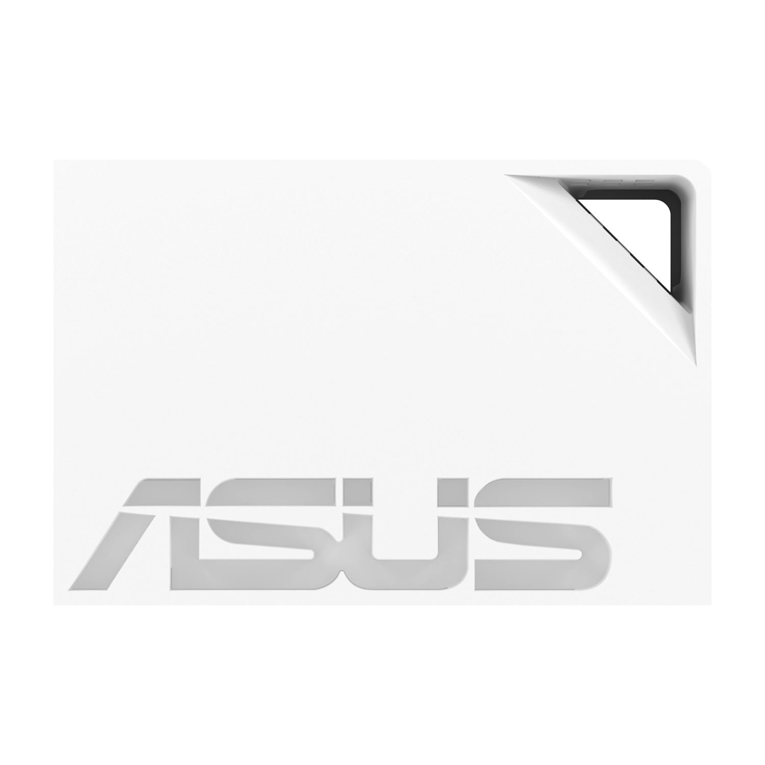 Un logo ASUS bianco su sfondo bianco liscio. Un angolo con una rientranza è visibile in alto a destra.