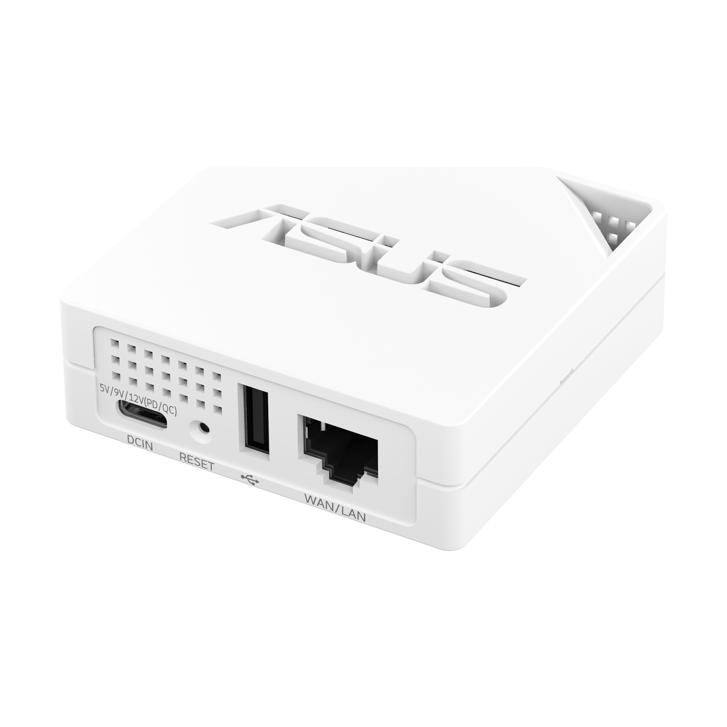 Un router ASUS bianco con porte DCIN, Reset, USB e WAN/LAN.