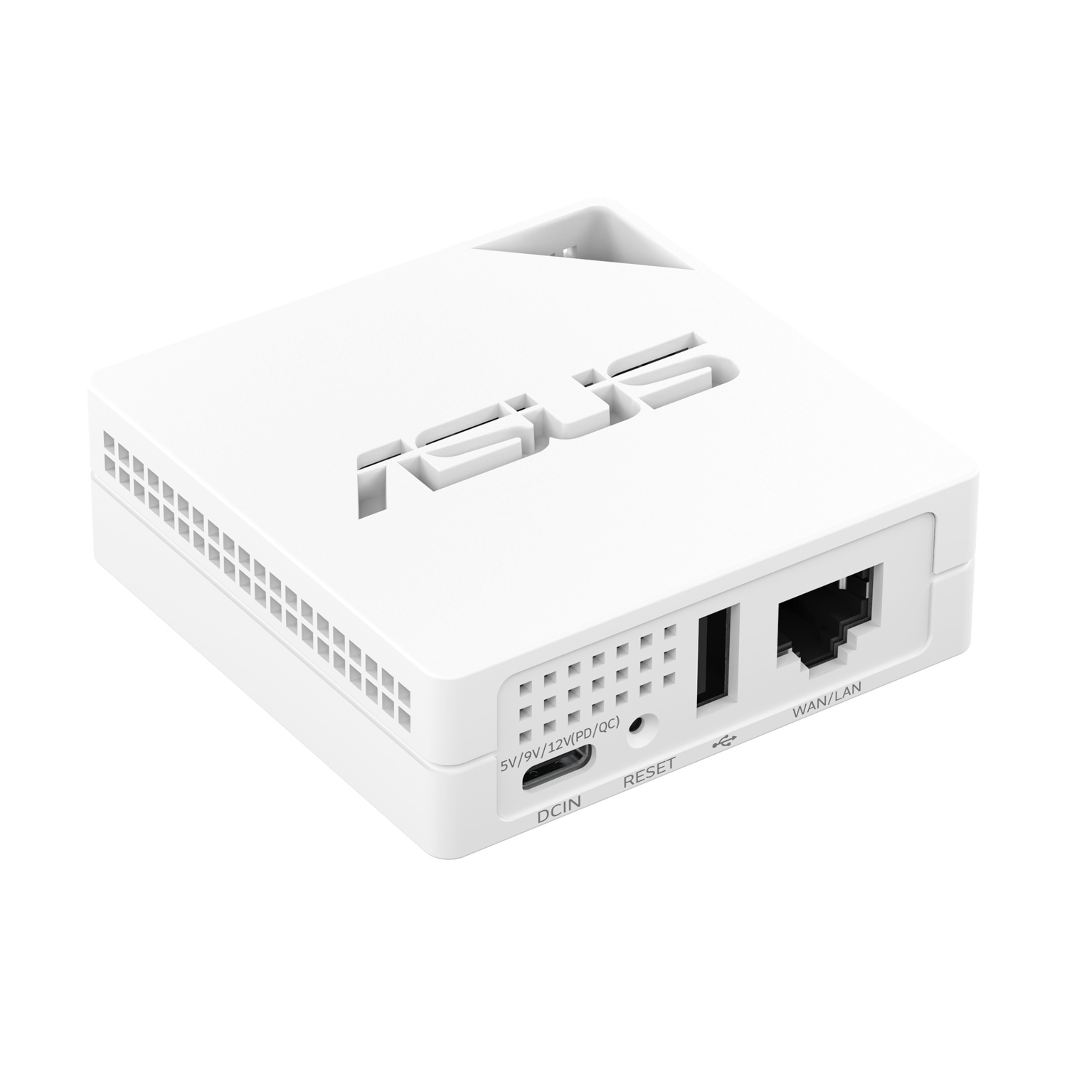 Router Asus bianco con porte: DCIN, Reset, USB e WAN/LAN.